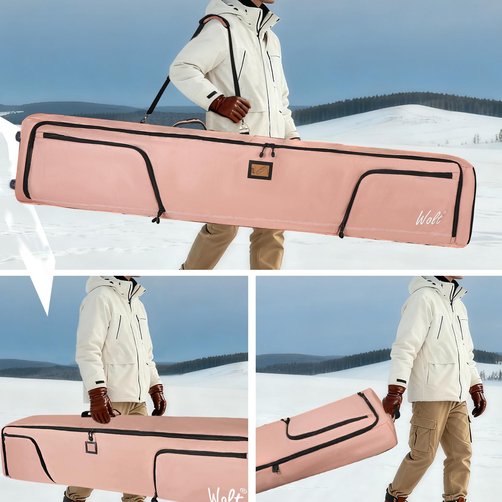 WOLT Rollende Skitasche – gepolsterte Snowboardtasche mit Rollen für Flugreisen, passend für Doppelpaar Ski bis 175 oder 190 cm