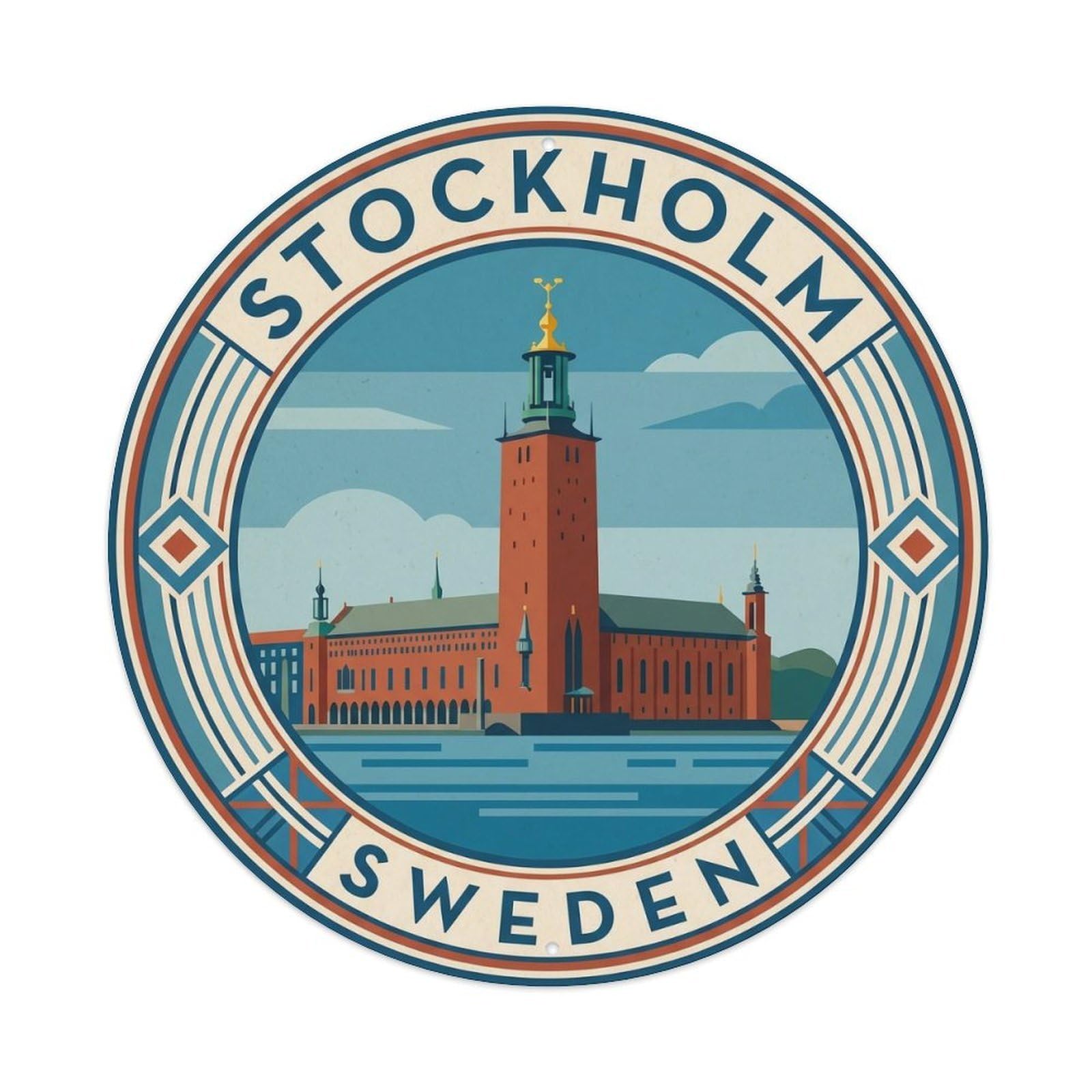 Vintage Travel Sweden Stockholm Circle Vintage Metal Tin Sign Plaque Wall Decor for Cafe, Club Bar, Office, Garden Metal Poster 8x8Inch