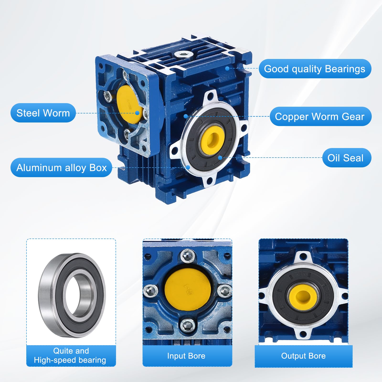 QUARKZMAN NMRV030 Riduttore A Vite Senza Fine Rapporto 80:1 Albero Di Uscita 14 Mm Coppia Elevata Riduttore A Vite Senza Fine Per Motore Passo Passo Nema24/Motore Servo Nema23 Blu