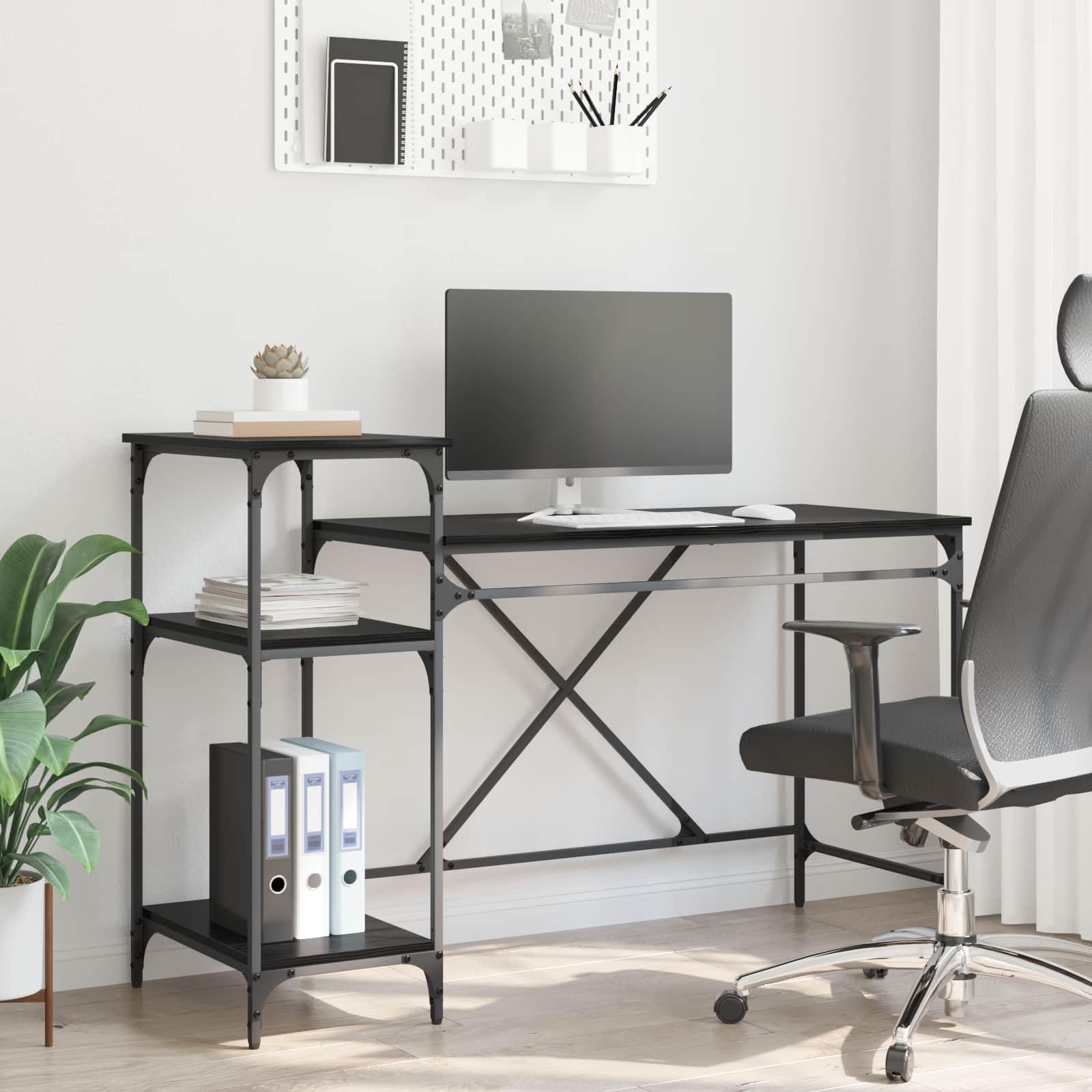 Biurko o wyglądzie czarnego dębu 135 x 50 x 90 cm z 3 półkami do biura, biura domowego i gabinetu, wytrzymały stół roboczy do komputerów i celów edukacyjnych