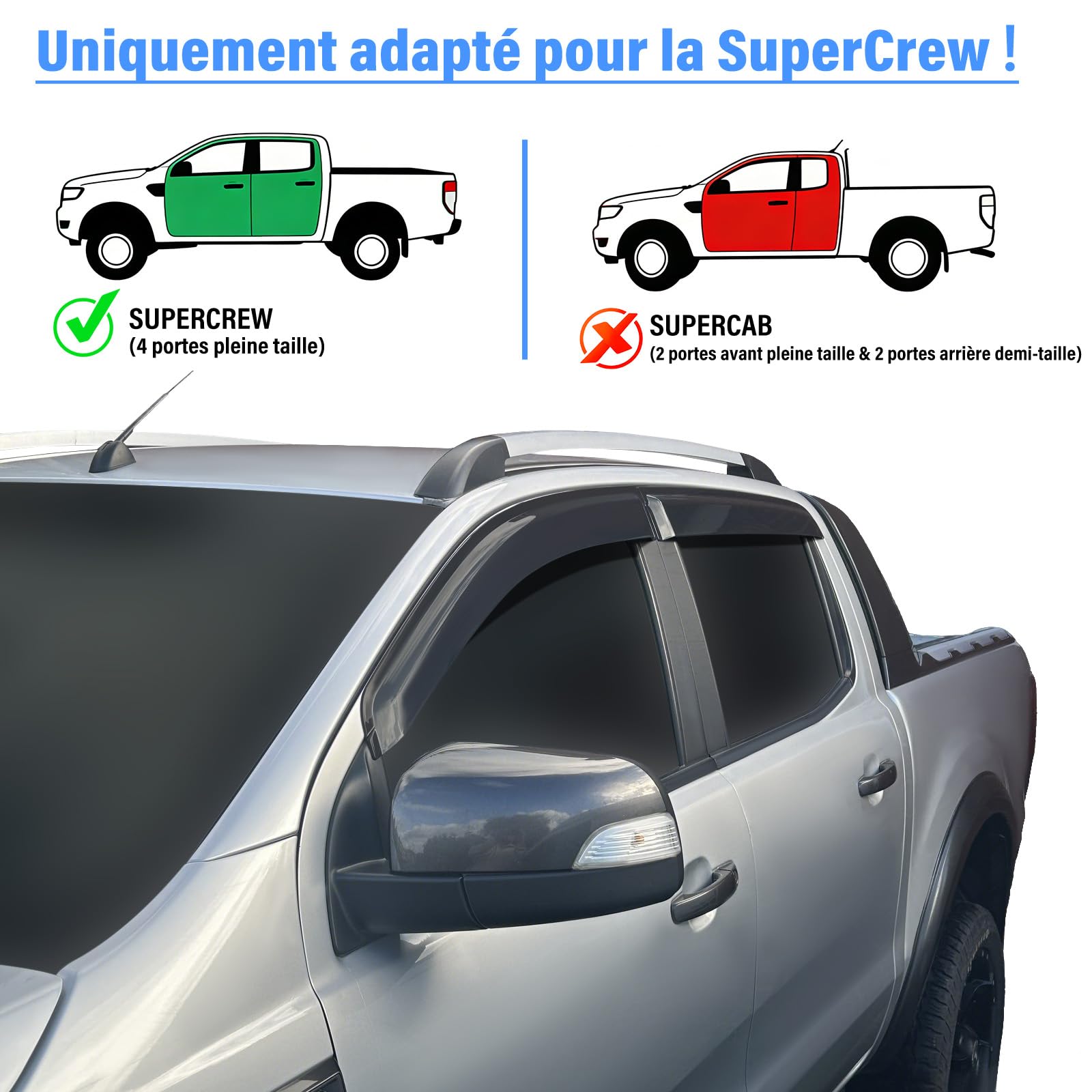 Déflecteurs de Vent Déflecteurs de Pluie Noirs pour Ford Ranger 2012-2022 T6 T7 T8 Double Cabine XL XLT Tremor Limited Wildtrak Wildtrak X Platinum et Ranger Raptor