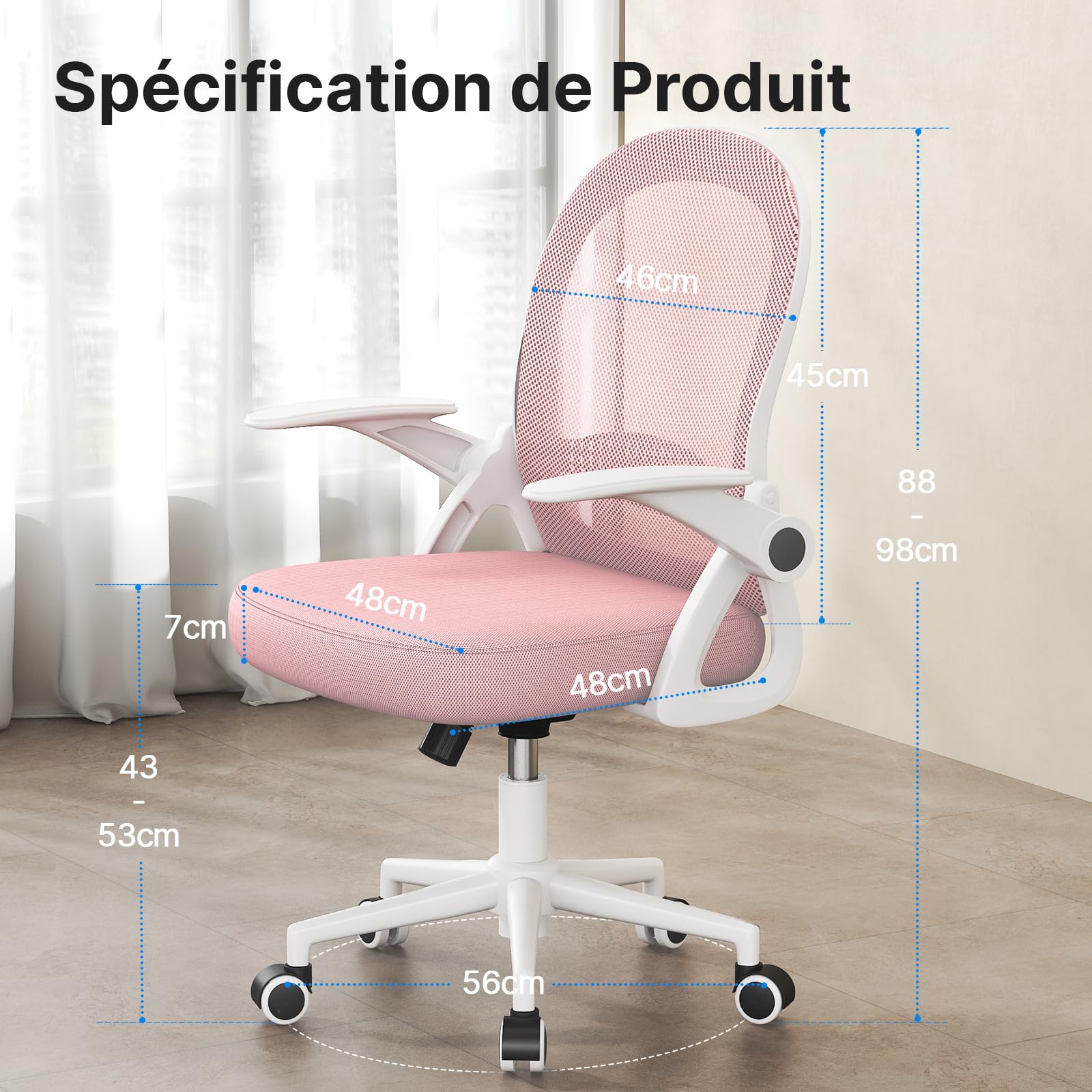Naspaluro Chaise de Bureau avec Accoudoir Relevable, Soutien Lombaire, Dossier 45 cm Rose