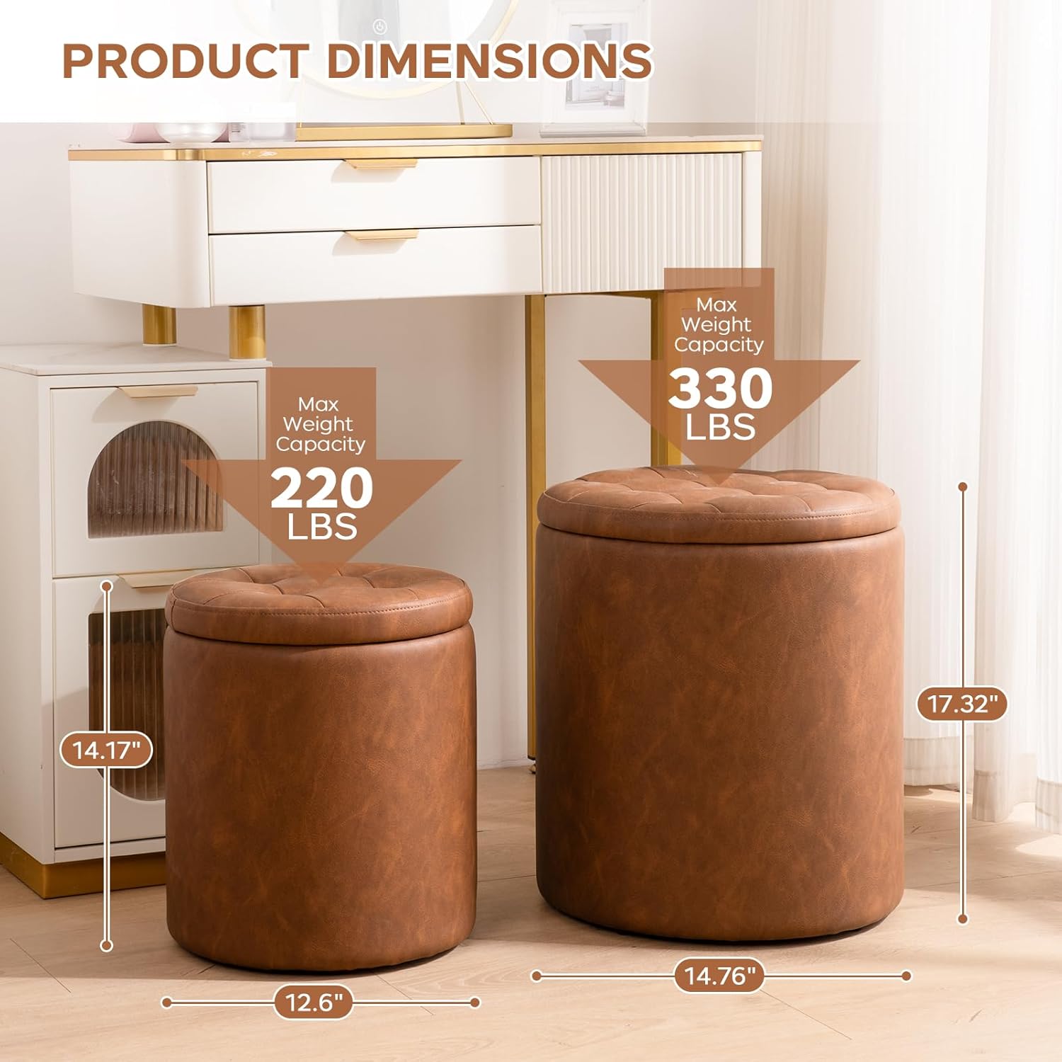 Round Ottoman with Storage Set of 2, 12.6"W x 14.17"H & 14.76"W x 17.32"H Faux Leather Button Tufted Storage Ottoman, Boucle Vanity Stool Footrest Coffee Table for Living Room, Bedroom, Brown - Image 6