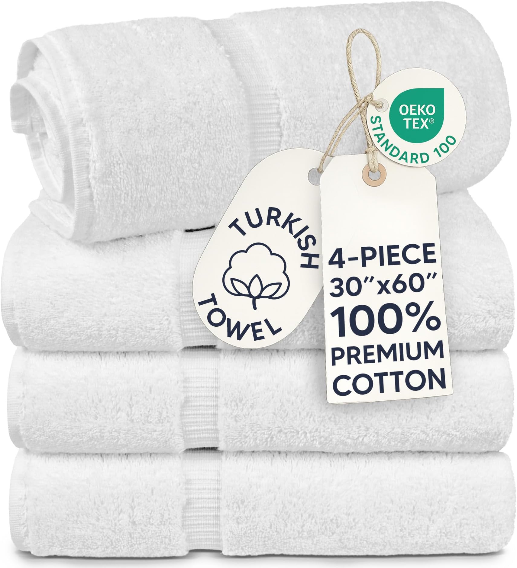 Chakir Turkish Linens 100% Cotton 4-Pack Bath Towels 30x60, White