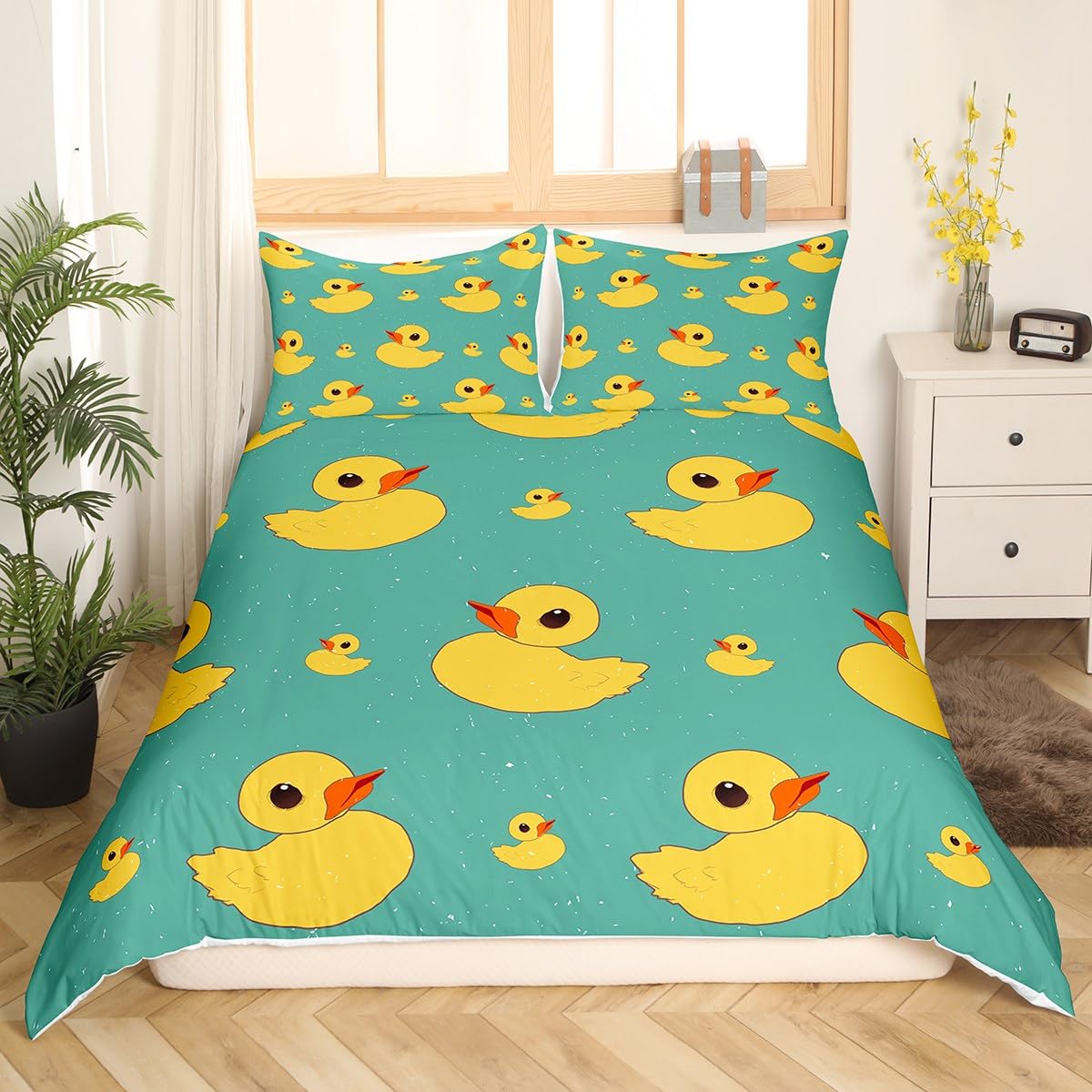 Cute Hand Drawn Duck Comforter Cover - Twin Bedding Set with 1 Pillowcase, Lovely Farmhouse Animal Quilt Cover for Kids Boys Girls, Yellow Blue Red