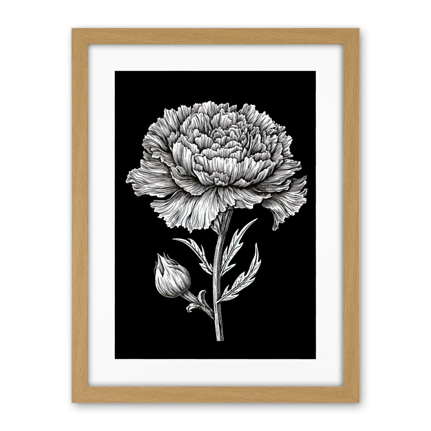 Artery8 Carnation Flower Black and White Linocut Print Artwork Framed Wall Art Print 18X24 Inch