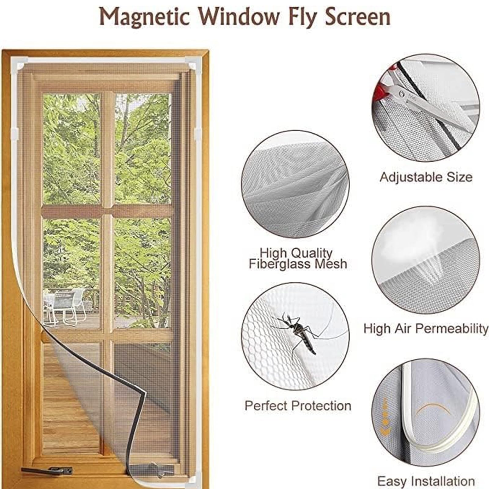 Mosquitera Ventana Magnética, Pantalla Mosquitera Cortable Ajustable, Ahuyenta Insectos, Moscas, Mosquitos y Mantiene El Aire Limpio(Red Gris Marco Blanco),60X150CM/23X59IN