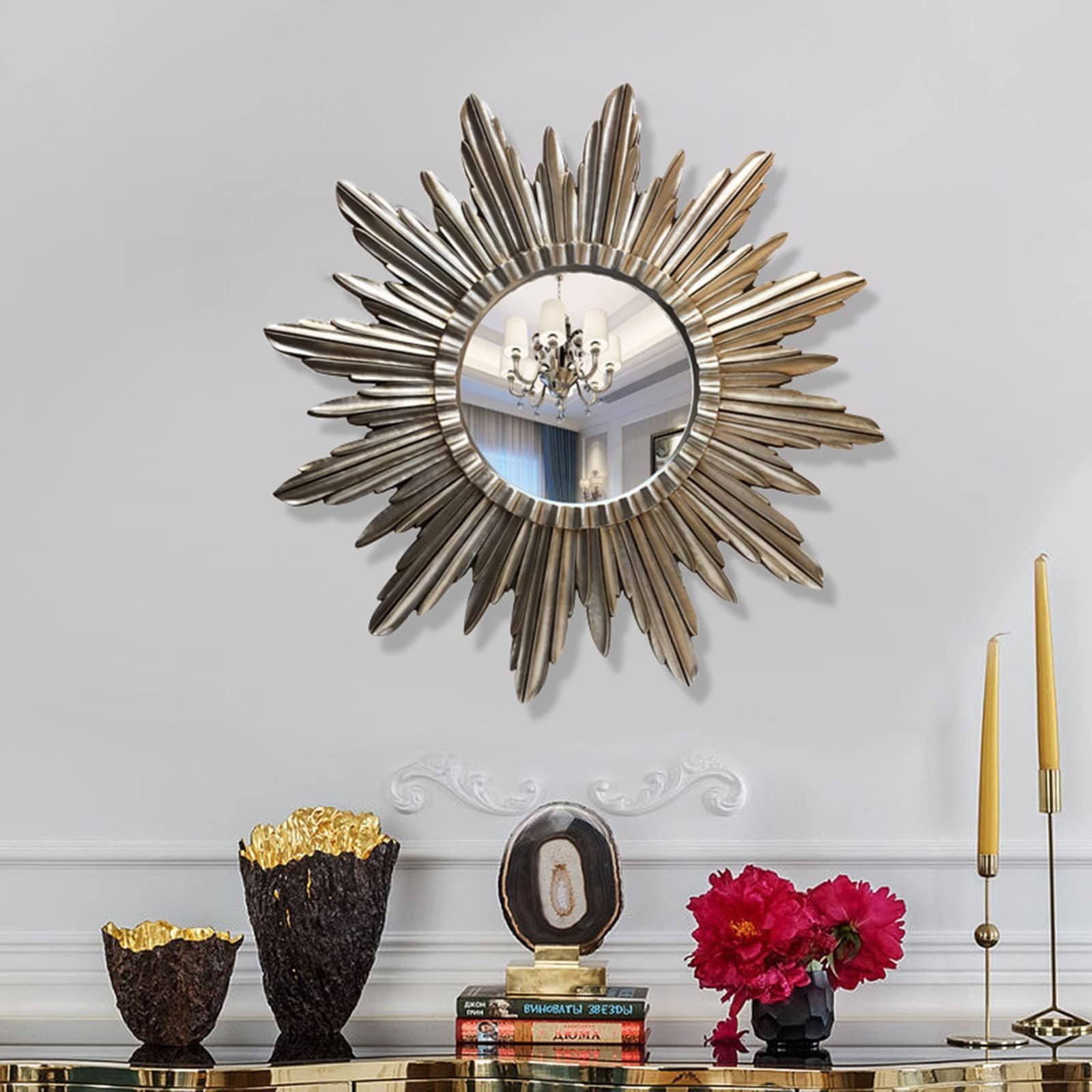 Specchio da Parete 46” Sunburst - Specchio da Parete Rotondo a Raggi di Sole Realizzato a Mano Specchio Decorativo Moderno per Soggiorno, Camera da Letto e Ingresso, Silver