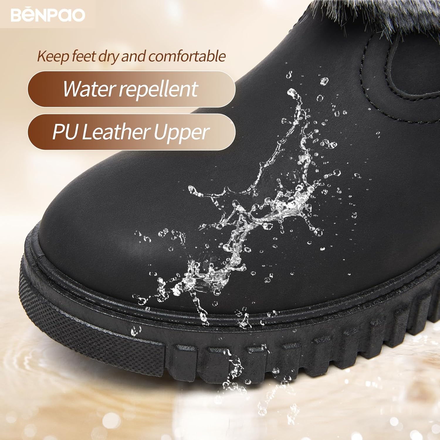 BENPAO Women's Winter Boots Fuzzy Snow Boots for Women Mini Short PU Leather Boots Warm Fur Lined Boots Waterproof Ankle Booties with Zipper