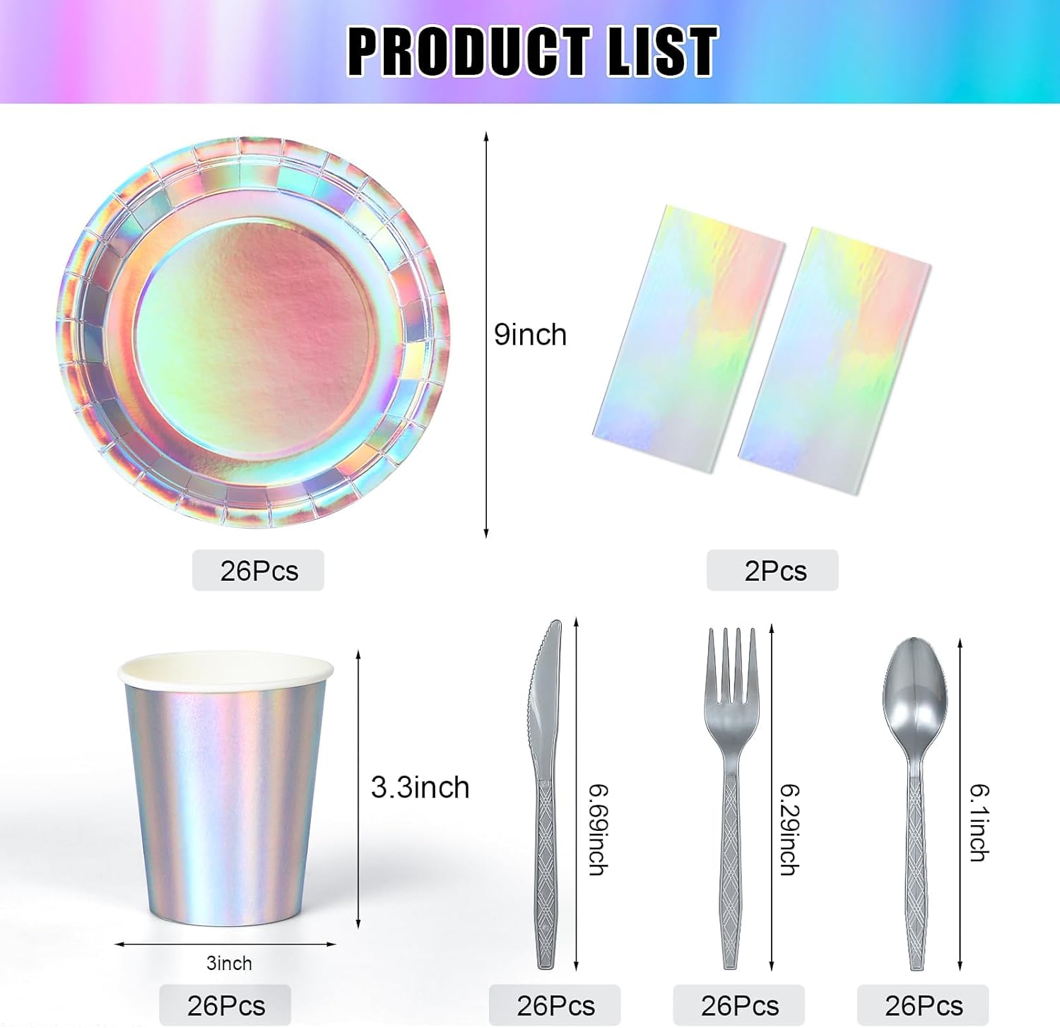 Iridescent Party Supplies Decorations,132 Pcs Disposable Iridescent Paper Party Plates Cups Knives Spoons Fork for Birthday Wedding Outdoor Picnic,Disposable Plastic Tablecloths for Dinner,Holiday - Image 2