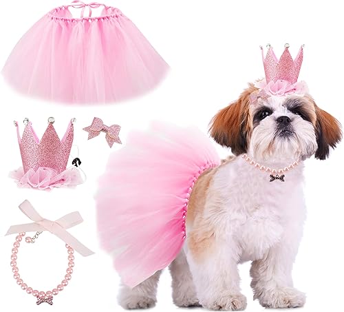 GAGILAND Suministros para fiesta de cumpleaños para perros, disfraz de cumpleaños de perro, tutú rosa para perros, sombrero de cumpleaños de perro,