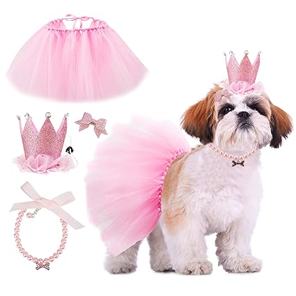 GAGILAND Dog Birthday Outfit Pink Puppy Tutu Adorable Dog Hat Necklace for Small Dogs Girl Puppy