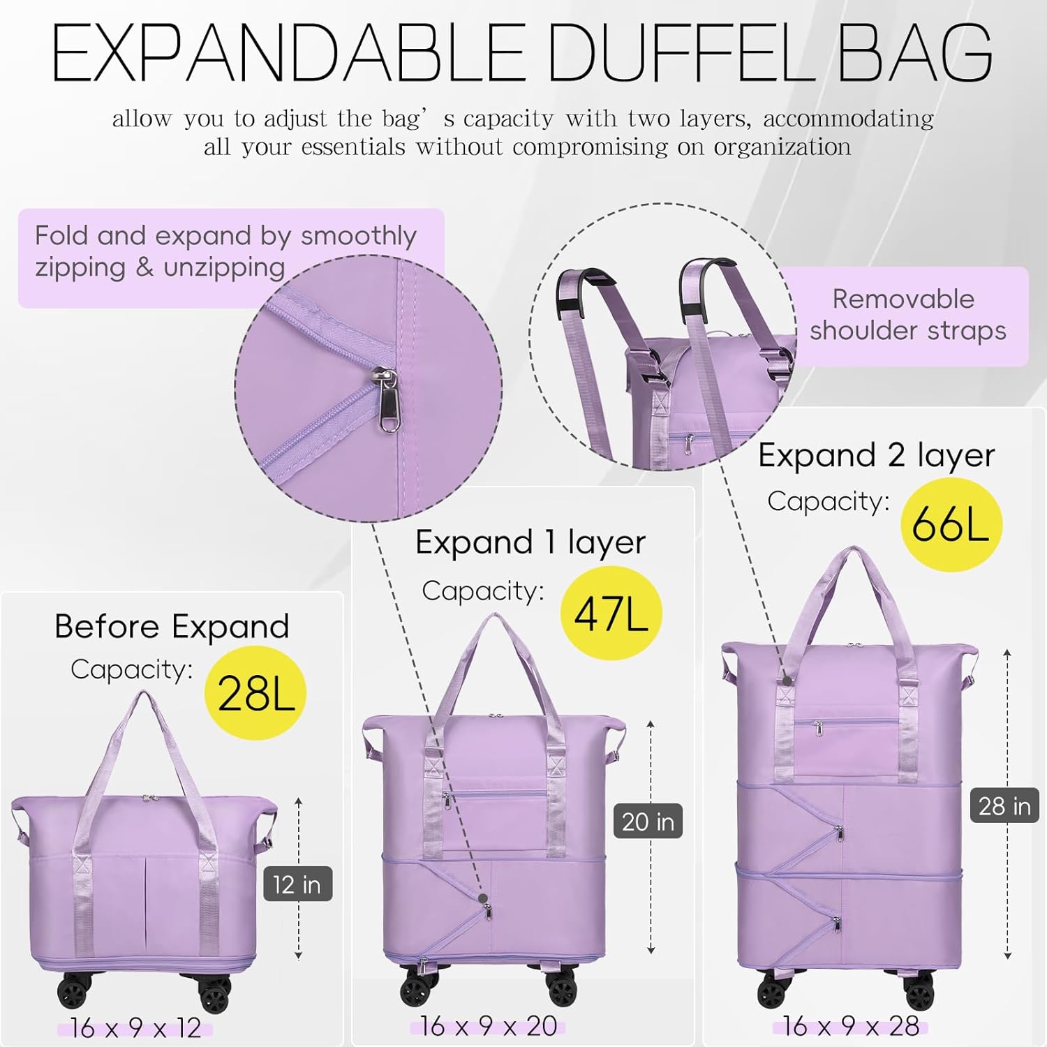 VOOWO Duffel Bag with Wheels - Rolling Foldable Expandable Duffle Bag with Wheels for Travel, Rolling Luggage Bag Carry On Travel Bag with Wheels, Large Wheeled Overnight Weekender Bag (Light Purple) - Image 2