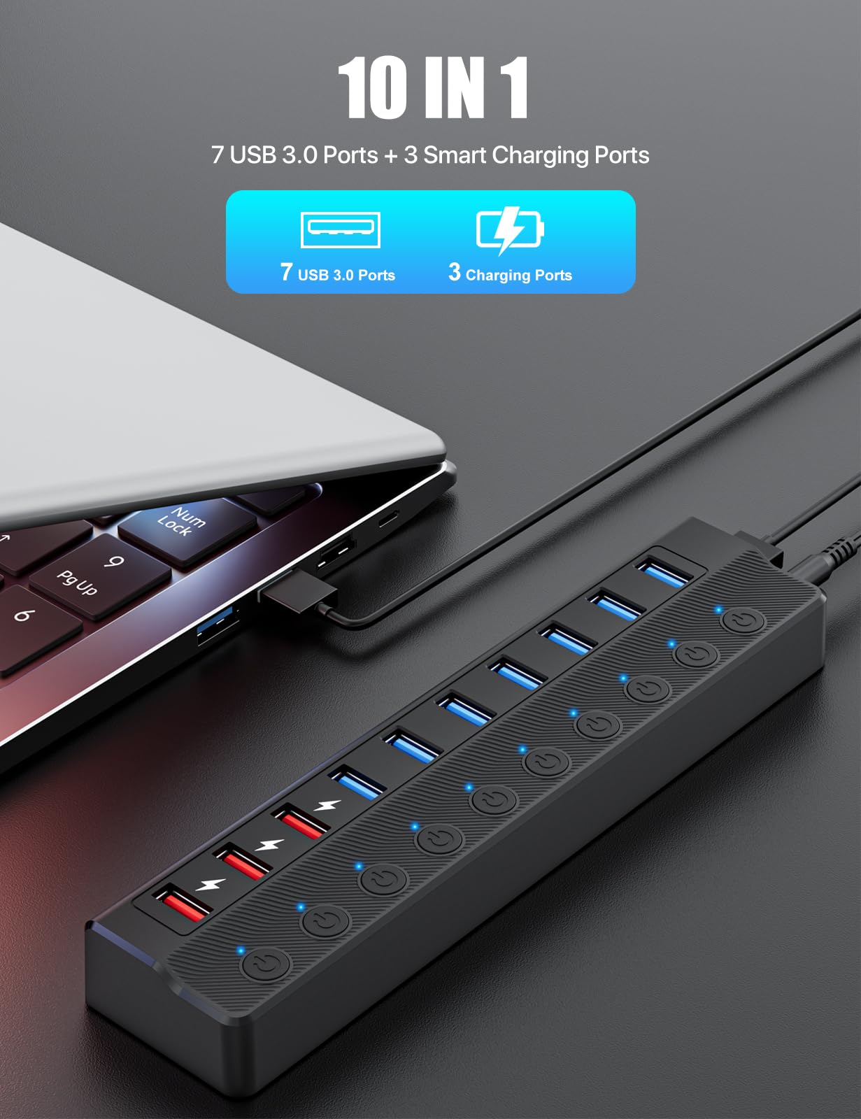 ONFINIO Hub USB alimenté par alimentation, hub répartiteur USB à 10 ports (7 ports de transfert de données plus rapides + 3 ports de charge intelligents) avec interrupteurs LED