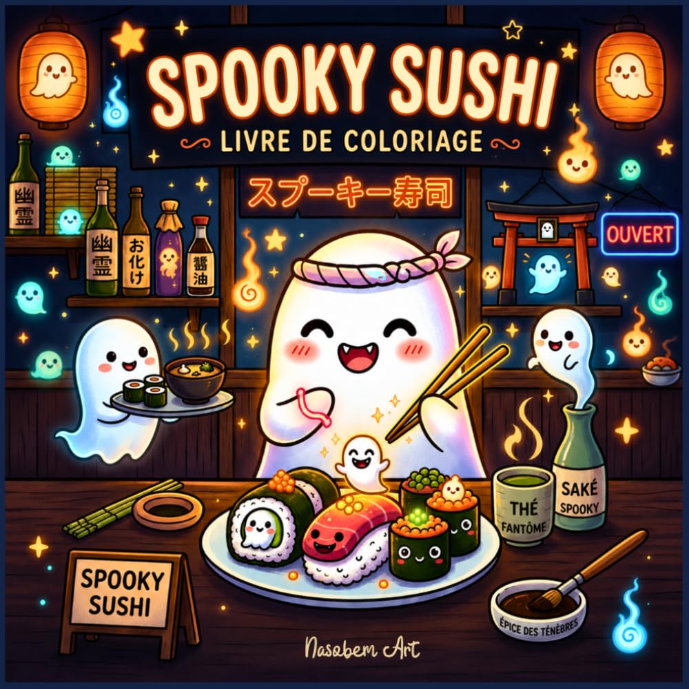 Spooky Sushi – Livre de coloriage kawaii: Dessins Bold & Easy avec sushis mignons, fantômes adorables et ambiance spooky cosy