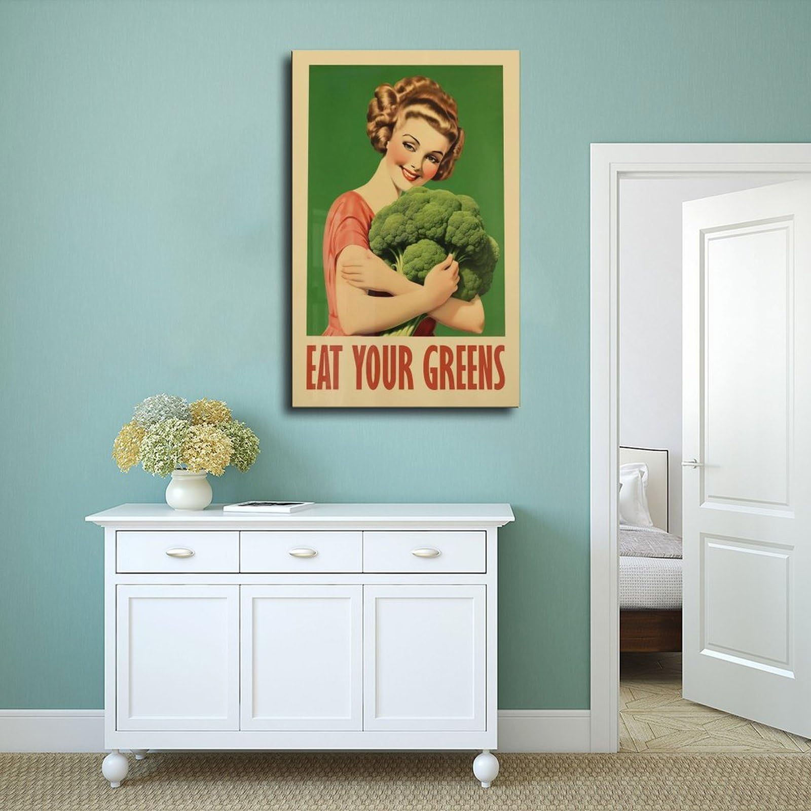 OAHFDF Leinwandposter "Eat Your Greens", Brokkoli, Vintage-Stil, Wandkunst, Dekordruck, Bild Gemälde für Wohnzimmer, Schlafzimmer, Dekoration, 50 x 75 cm