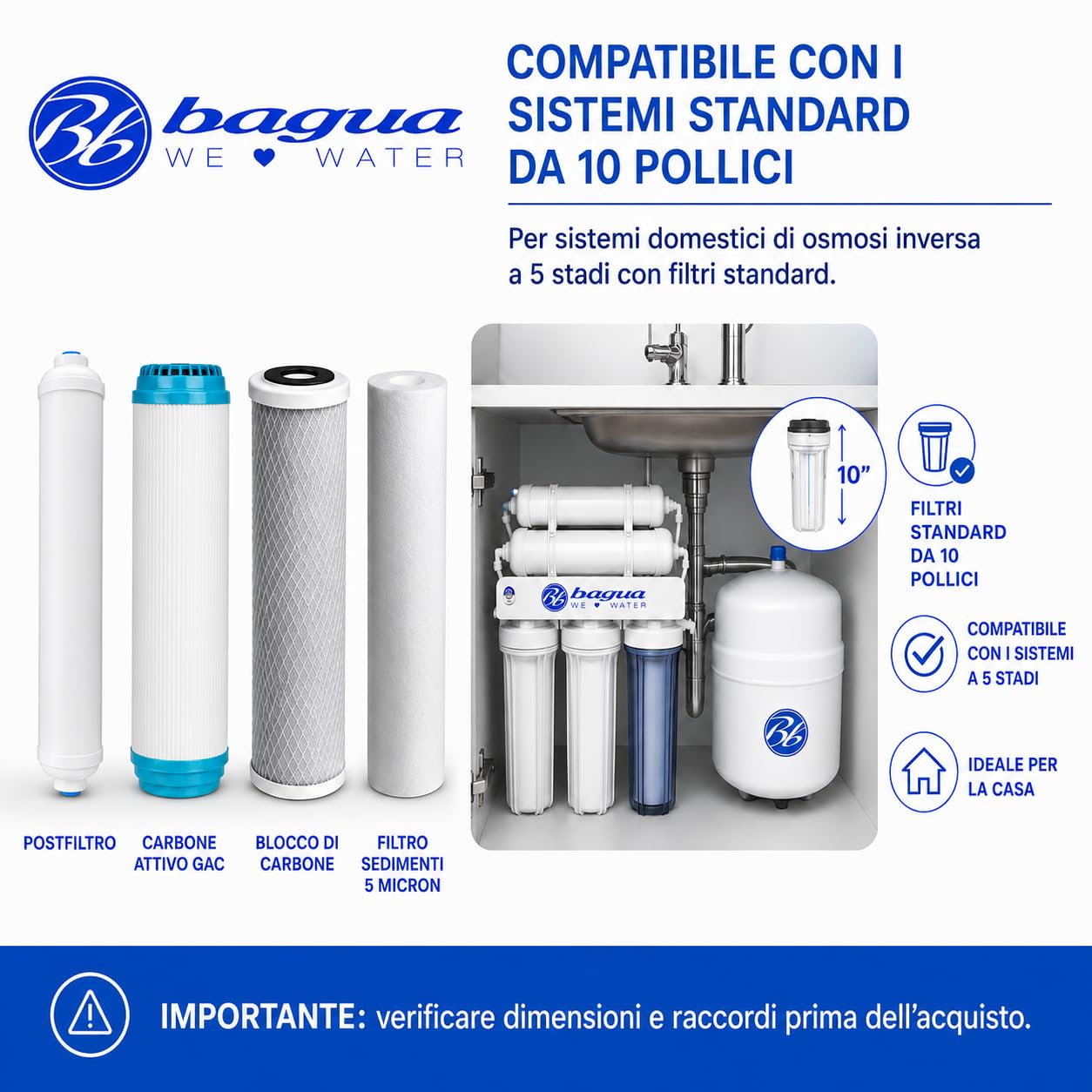 Bbagua Confezione da 4 filtri dell'Acqua per apparecchiature Standard ad osmosi inversa. 1 sedimento, 1 Carbone GAC, 1 Blocco di Carbone e 1 Post Filtro in Cocco. Sostituire Una Volta all'anno