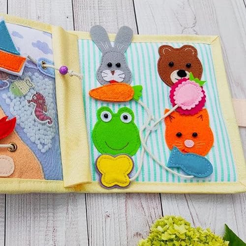 Miniatura 8 de Libro silencioso de león para bebés con animales y frutas, libro de fieltro para habilidades motoras finas, juguete Montessori, libro ocupado de