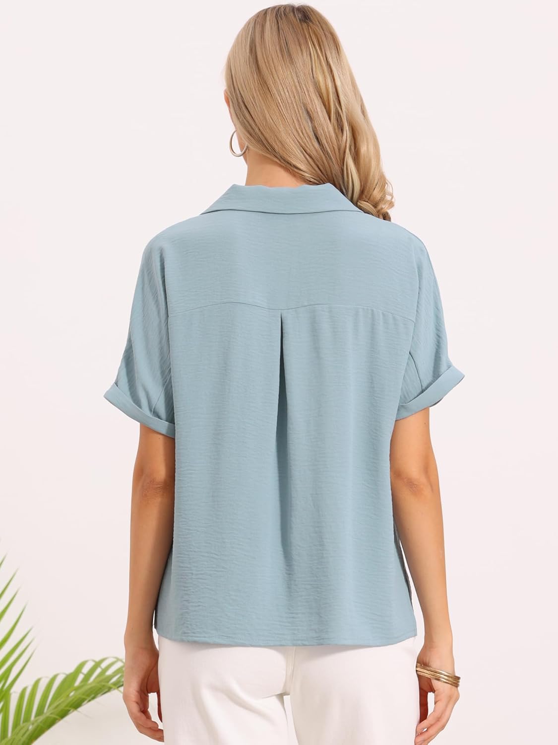 Allegra K Business Casual Blouses for Women's Dressy Casual V Neck Short Sleeve Button Down Shirts Relaxed Work Tops - Image 2