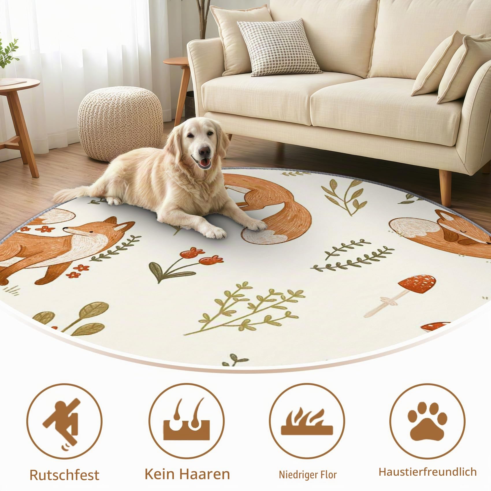 Fuchs Teppich Rund 120cm Kurzflor - Waschbare Teppiche Wohnzimmer Kinder Cartoon Tiere - Runder Teppich 120 Durchmesser Kinderzimmer - Bettvorleger Schlafzimmer rutschfest Weich
