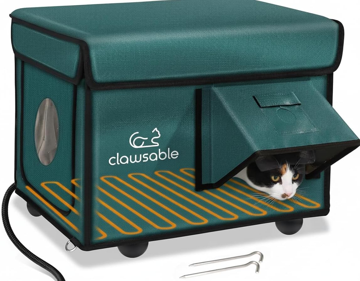 Indestructible Heated Cat House for Outside Cats Winter, 100% Weatherproof, Safe Escape Door, Insulated Outdoor Cat Shelter with Heater for Feral Barn Cat Kitty (Forest Green, 13"x17"x12.6") Forest Green 13"x17"x12.6"