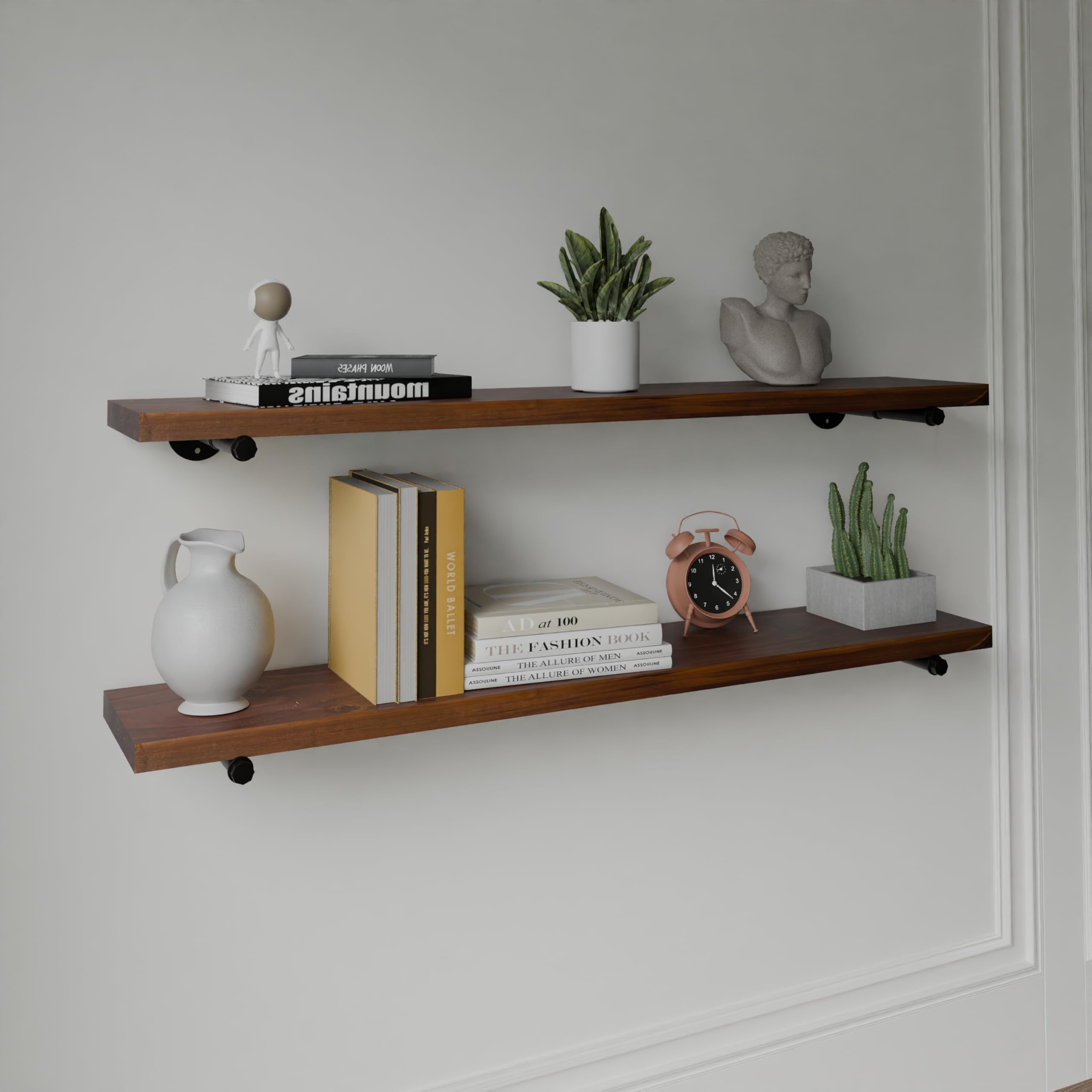 HDDFER Estantes industriales de madera de pared de tubo, estantes de madera real de 48 pulgadas en color nogal con grosor extra de 1.2 pulgadas, patas flotantes modernas