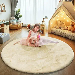 Fluffy Round Area Rugs for Bedroom,Ivory 3'X3'Shag Circle Area Rugs for Girls Room,Non Slip Fuzzy Plush Rug for Kids Room Living Room and Dorm Home Rug