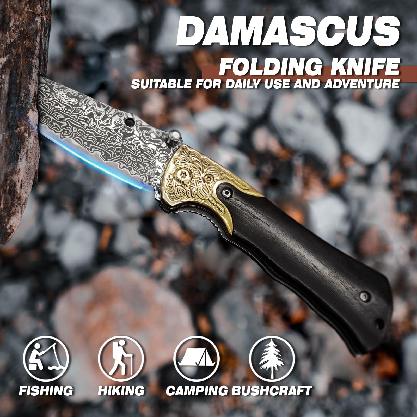 Damast Klappmesser, Handgeschmiedetes EDC Taschenmesser Aus 67-lagigem VG10 Stahl, Tragbares Outdoor Messer Für Camping, Wandern, Angeln Und Bushcraft