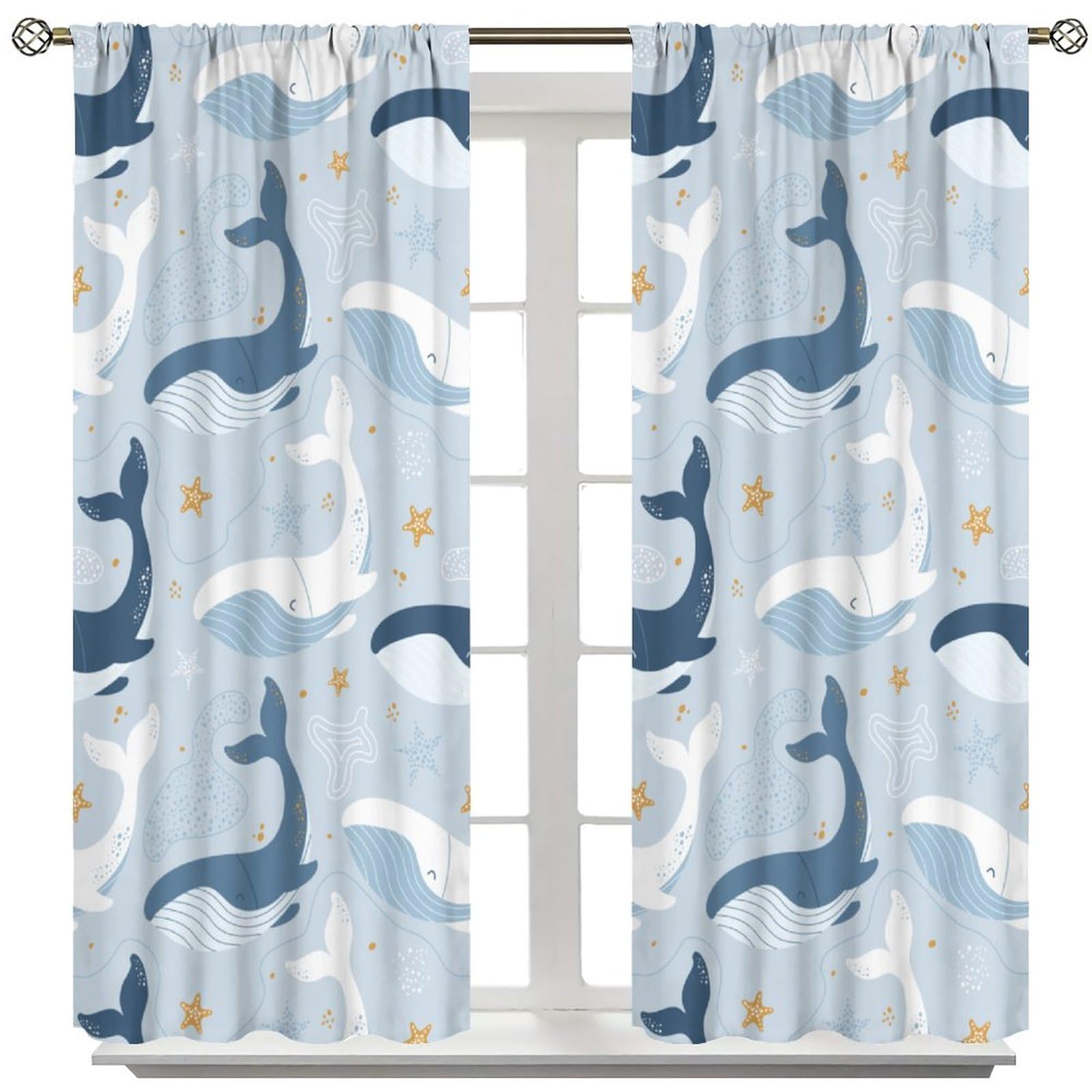 Cute Whale Curtains for Kids, Cartoon Sea Starfish Window Treatments Under Sealife Sea Window Drapes for Boys Girls Nursery Bedroom Living Room 42x63in