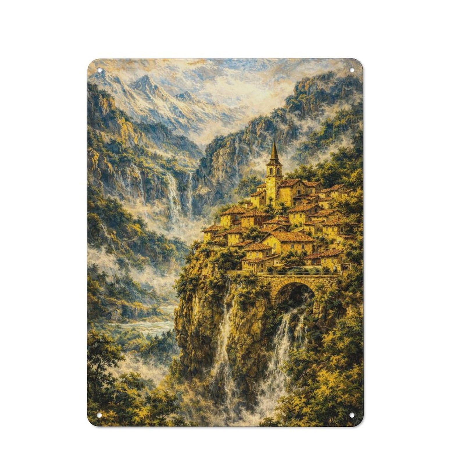 Junmoney Style-8 For Garden Room Or Summerhouse, Village On A Cliffside With Waterfalls Retro Metal Sign 40X30cm, For Vintage Wall Decor Fans, For Metal Sign Collectors