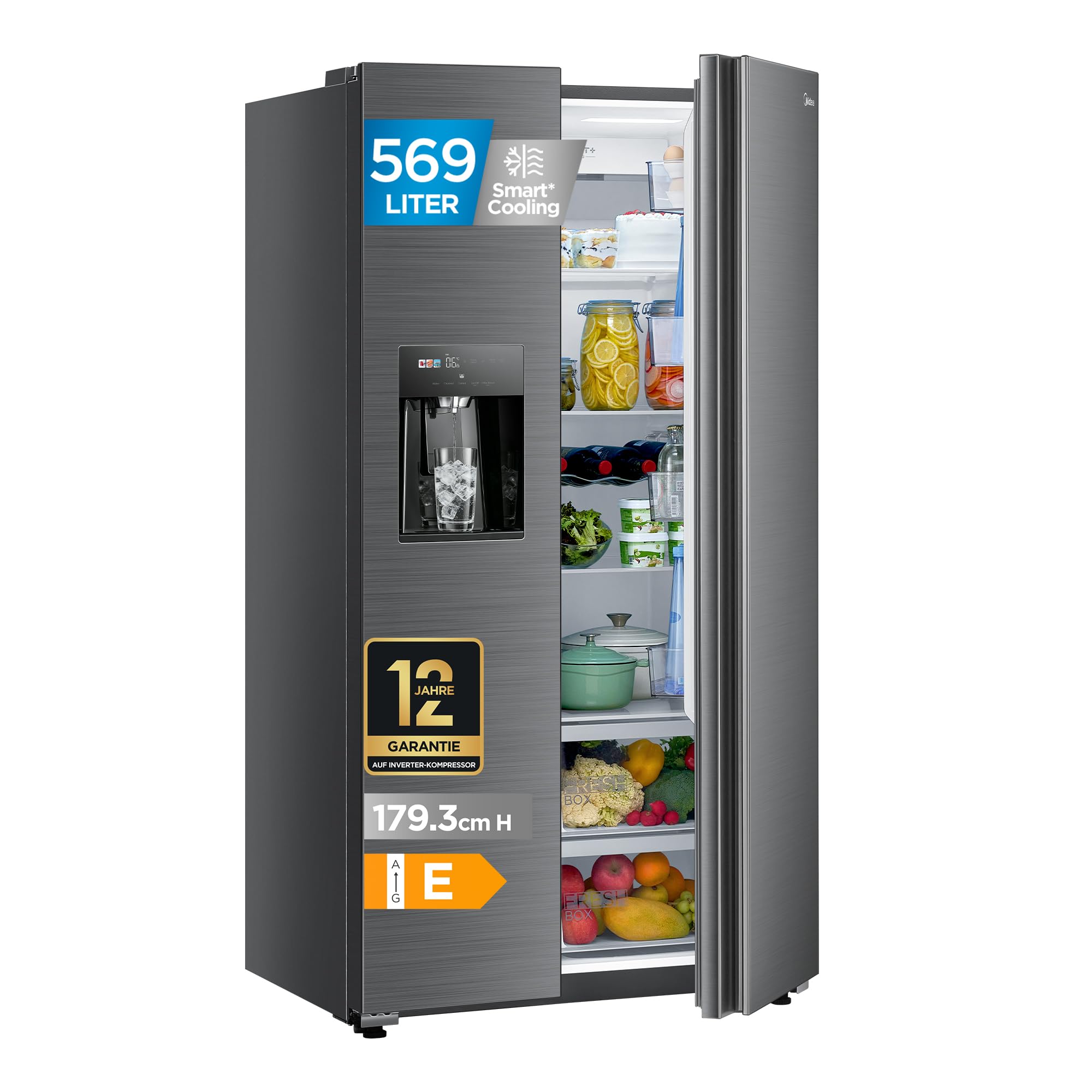 Midea Side by Side - Frigorifero grande 569L NoFrost in acciaio inox, 3 in 1 con attacco per acqua fissa, compressore inverter, doppio raffreddamento, controllo WiFi, modello MDRS761MIE46