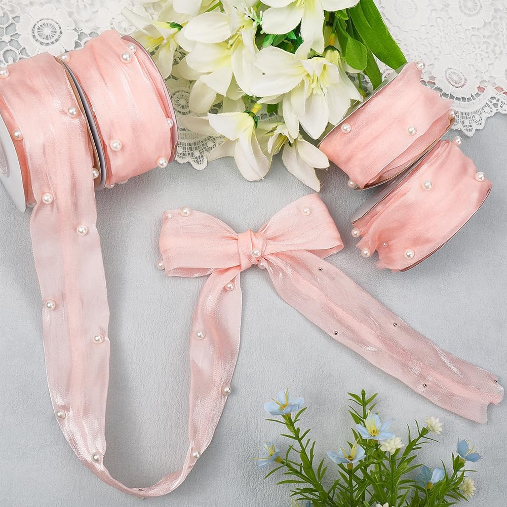 About 20 Yards 1.5 Inch Pink Wrapping Ribbon Sheer Transparent Chiffon Ribbon Pearl Beaded Silk Fabric Ribbons with Spool Trim for Gift Wrapping Wedding Invitations Bouquets Christmas Decor image 3