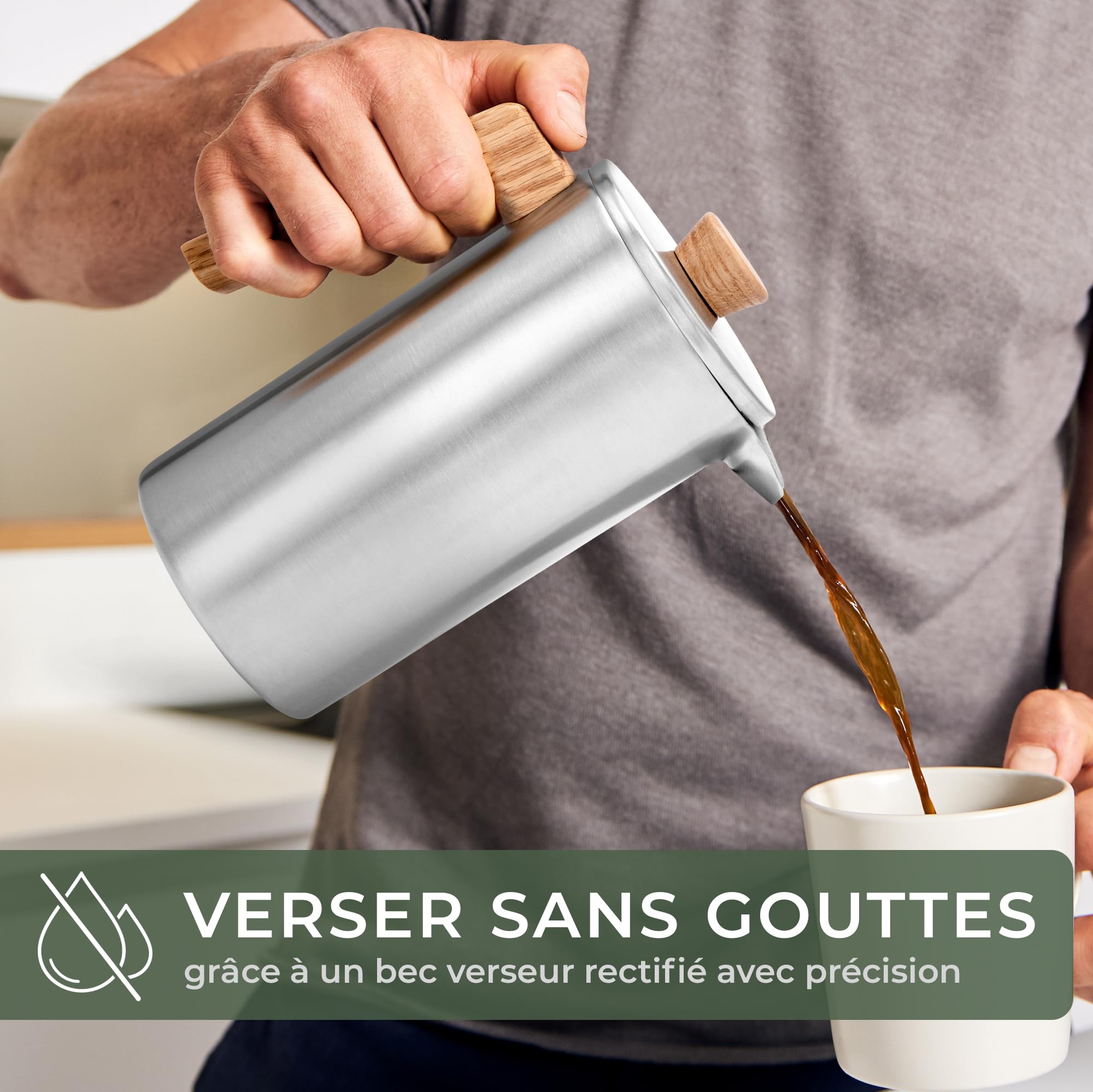 WALDWERK Cafetière à Piston (1L) - French Press en Acier Inoxydable à Double Paroi avec Poignée en Bois de Chêne - Cafetière Manuelle Sans Plastique