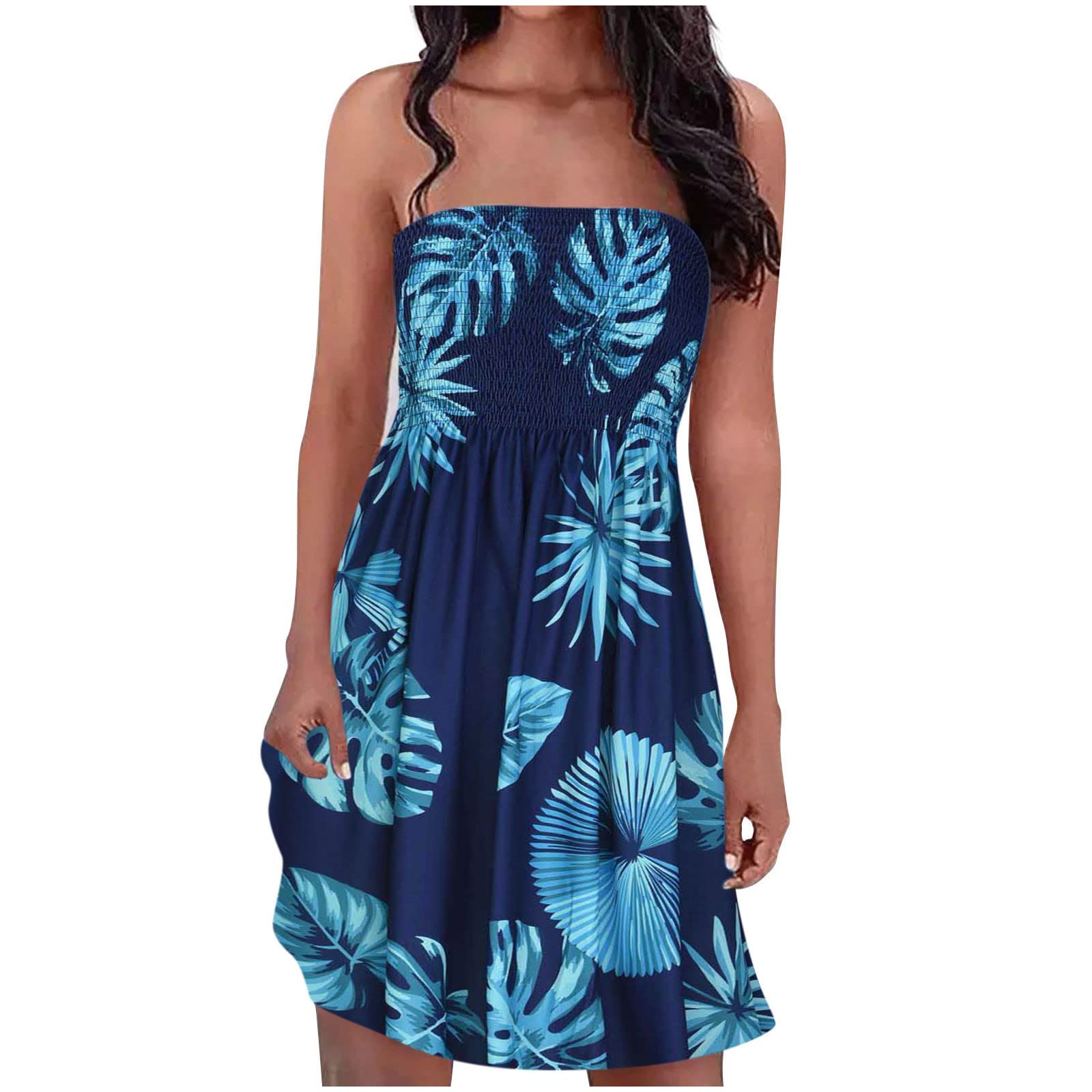 2022 Bandeau Dresses for Women UK Strapless Boho Shirred Tube Top Dress Pleated Sleeveless Party Dress Hawaiian Sundress