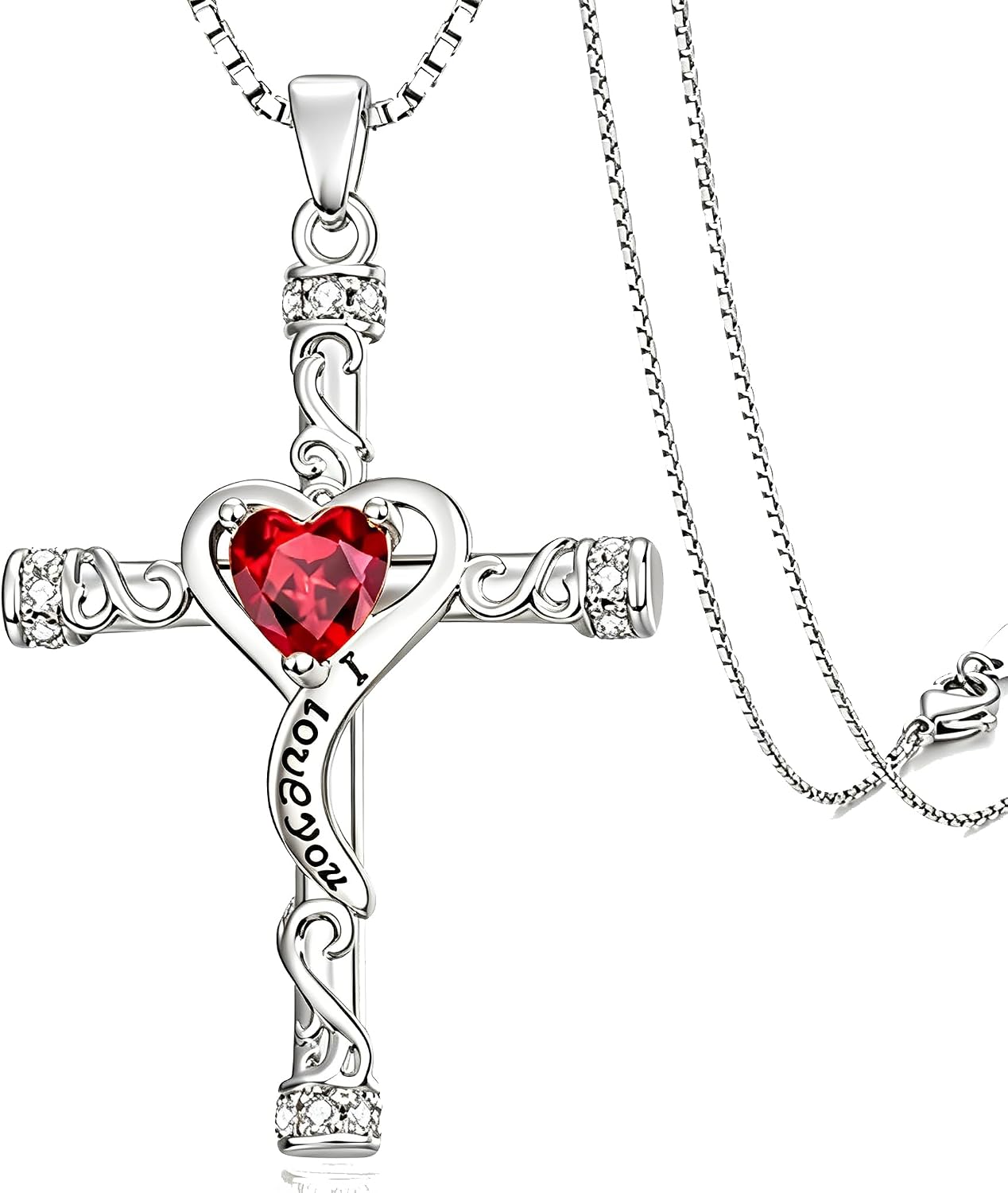 Birthstone Cross Necklace for Women, Heart Cross 14K Gold /18K White Gold/Rose Gold Womens Pendant Necklace I Love You Jewelry Anniversary Birthday Mom Wife Girlfriend