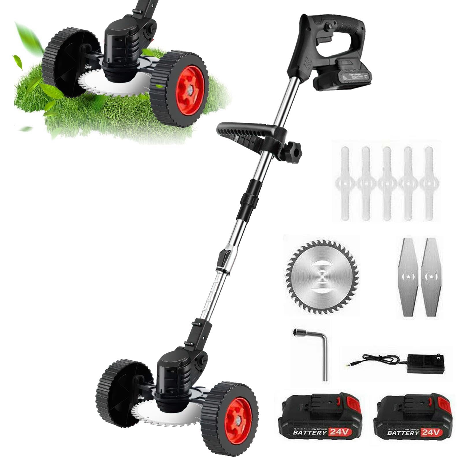 Corte con borde inalámbrico con 2 baterías de 1500 mAh, 650 W | Cabeza giratoria 90 °, mango ajustable 90 – 135 cm, desenrollador de batería para jardín y césped fácil