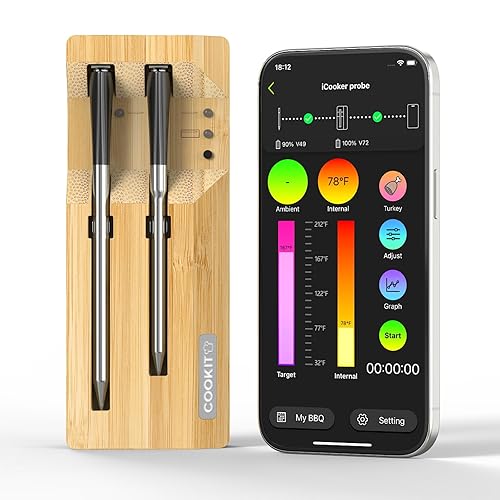 COOKIT Termómetro digital Bluetooth con 2 sondas, termómetro de carne de 700 pies para carne de pavo asador de carne de vacuno, horno, parrilla y