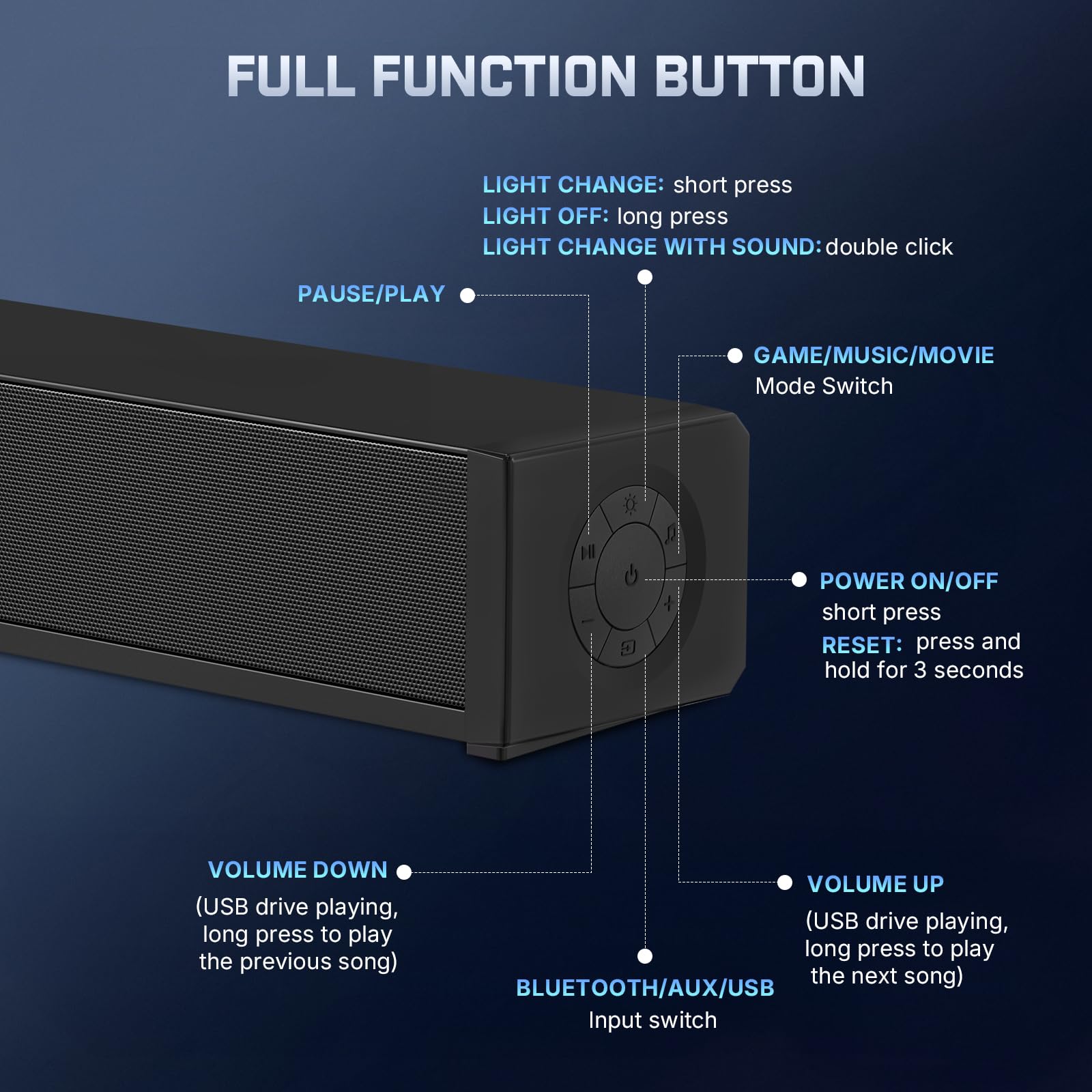 Altavoces de computadora 2.1 para PC de escritorio, barra de sonido Bluetooth 5.3 PC con 7 modos de luz RGB, altavoces de juegos para laptop alimentados por CC con entrada auxiliar de 3.5 mm