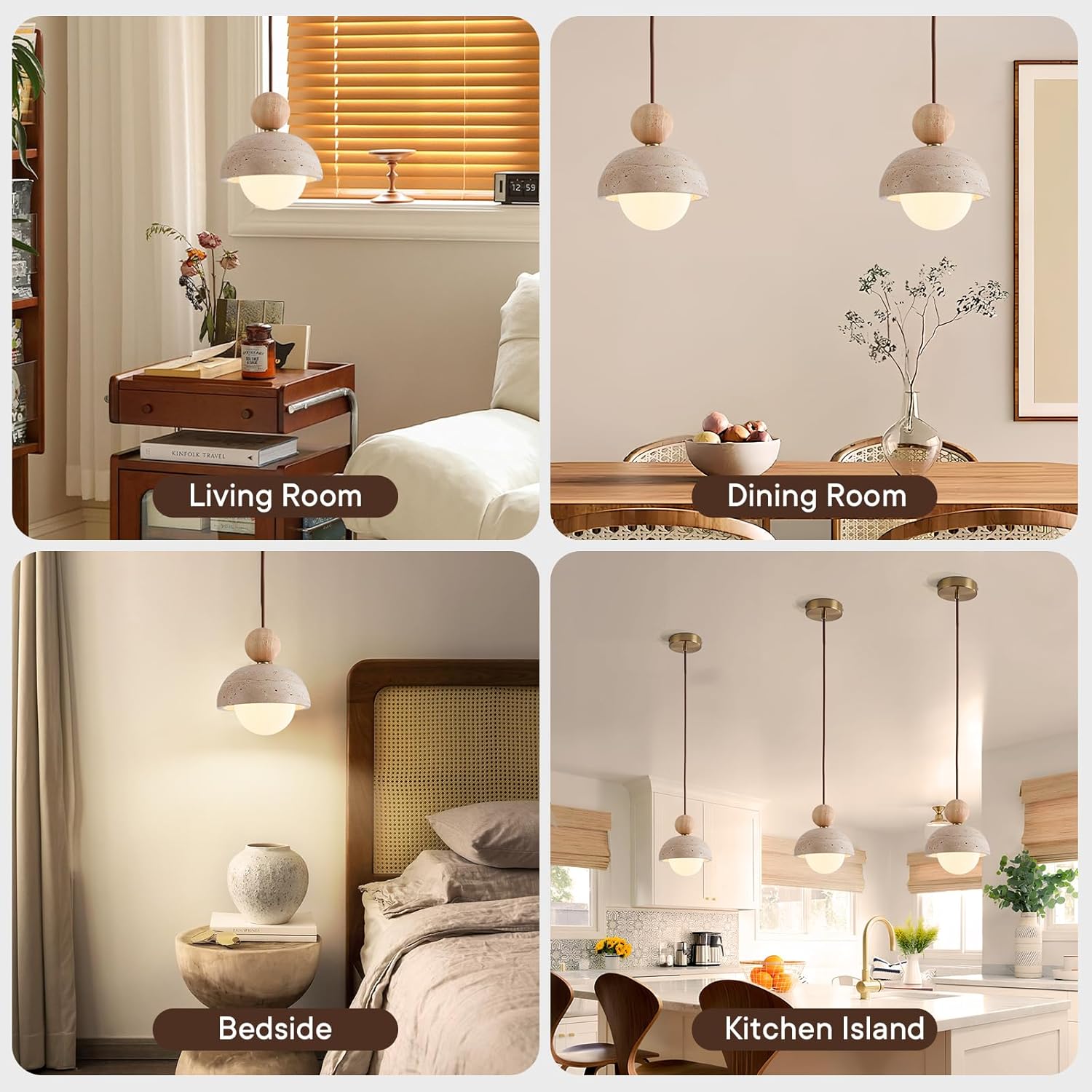 Natural Stone Pendant Light Set of 2, Wabi Sabi Travertine & Wood Hanging Lamp for Kitchen Island, Hallway, Bedroom, Dining Room Ceiling Decor (G9 Bulb, 5.9 in Stone Round)