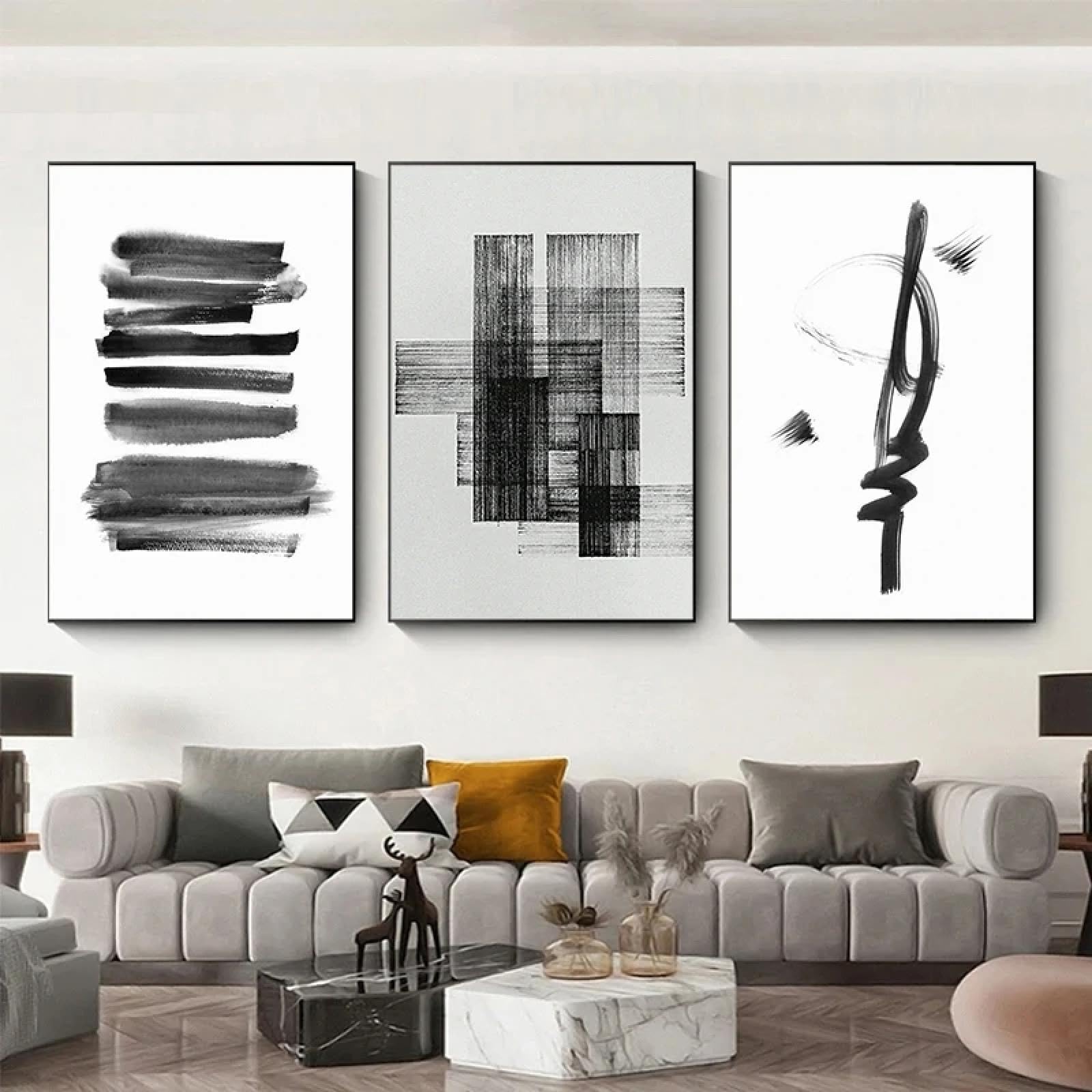 Peinture sur toile abstraite noire et blanche 50x70 cm triptyque moderne sans cadre - 7