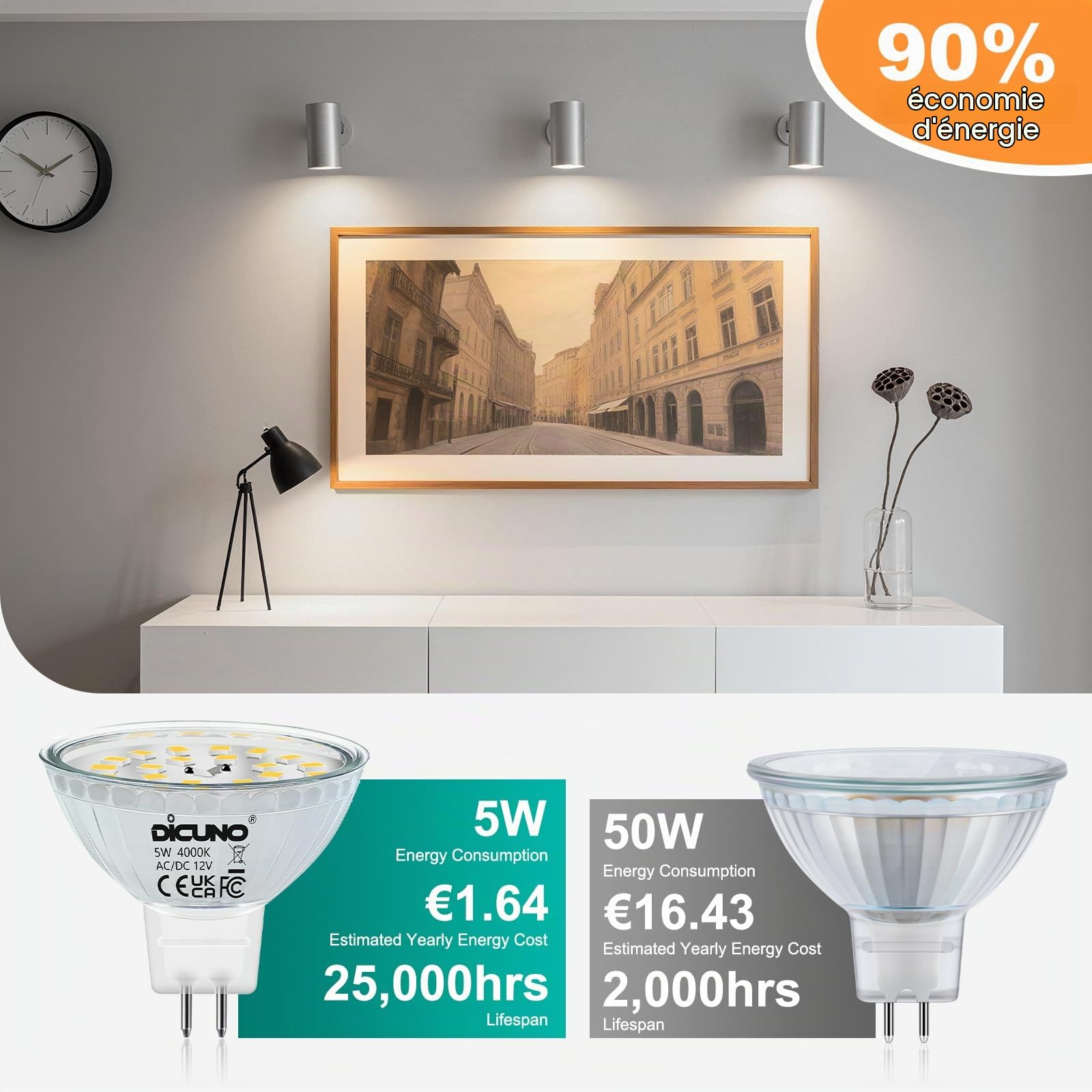 DiCUNO Ampoule LED GU5.3 MR16 Dimmable, 5W=50W, 4000K, 500lm, Lot de 10