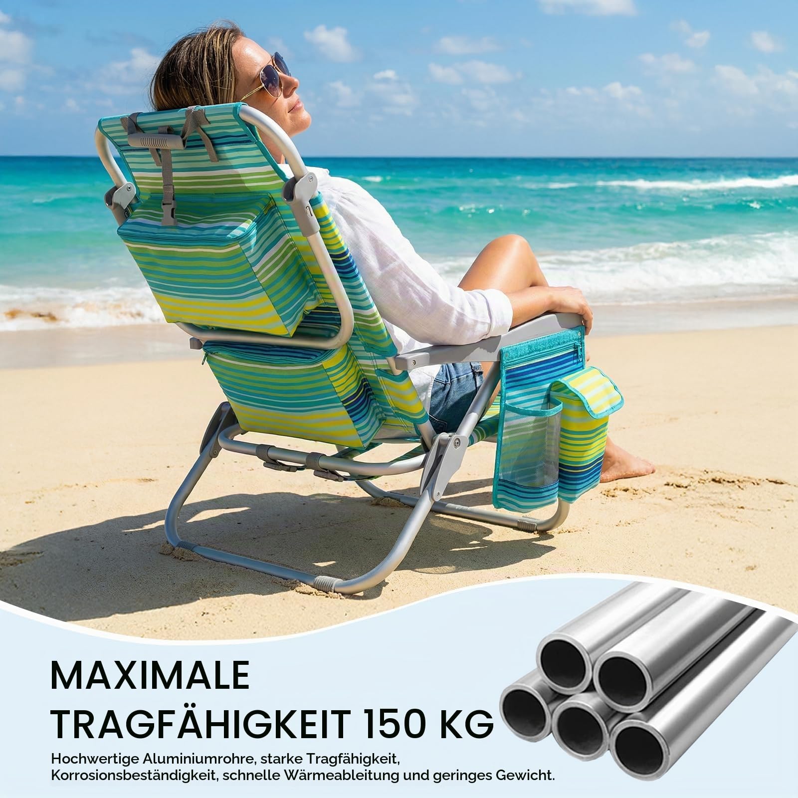 LIFERUN Strandstuhl Klappbar Leicht Aluminium 2er Set & Tisch, Rucksack Klappstuhl Strand, Campingstuhl Kann Flach Liegen,bis 150 kg belastbar, Outdoor Faltstuhl Verstellbarer Hohe Rückenlehne Grün