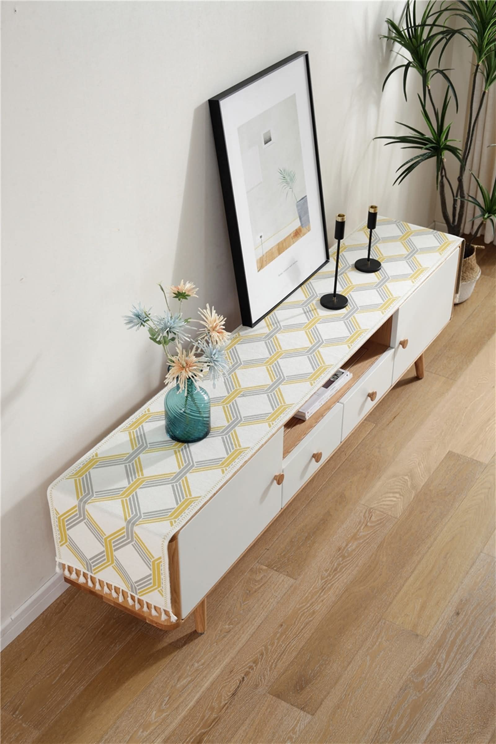 Camino de Mesa Rustico, Decoracion Mesa Comedor Moderno Geometría Amarillo Poliéster 35x250CM Navideña Fiestas Iinteriores O Al Aire Libre