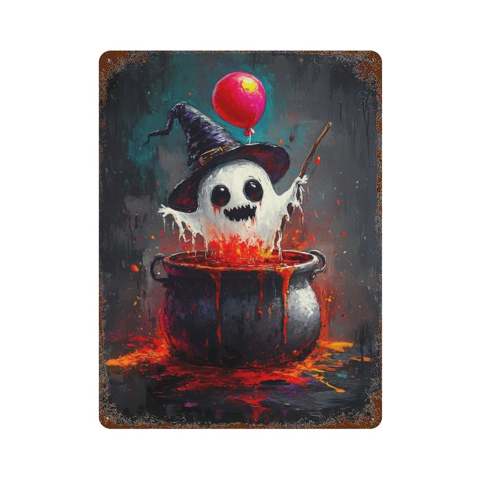 Ghostly Witch in Cauldron Decorative Tin Sign 15.7"x11.8", Retro Wall Decor for Living Room, Hallway And Home Decor