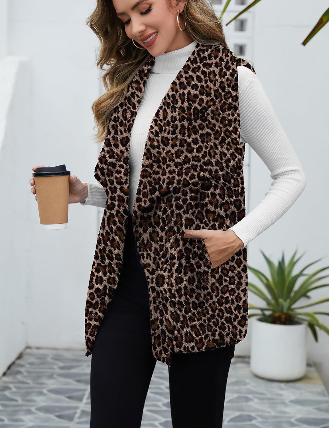 Women Fuzzy Fleece Vest Sleeveless Sherpa Jacket Winter Open Front Fluffy Outerwear Coats with Pockets - Image 2