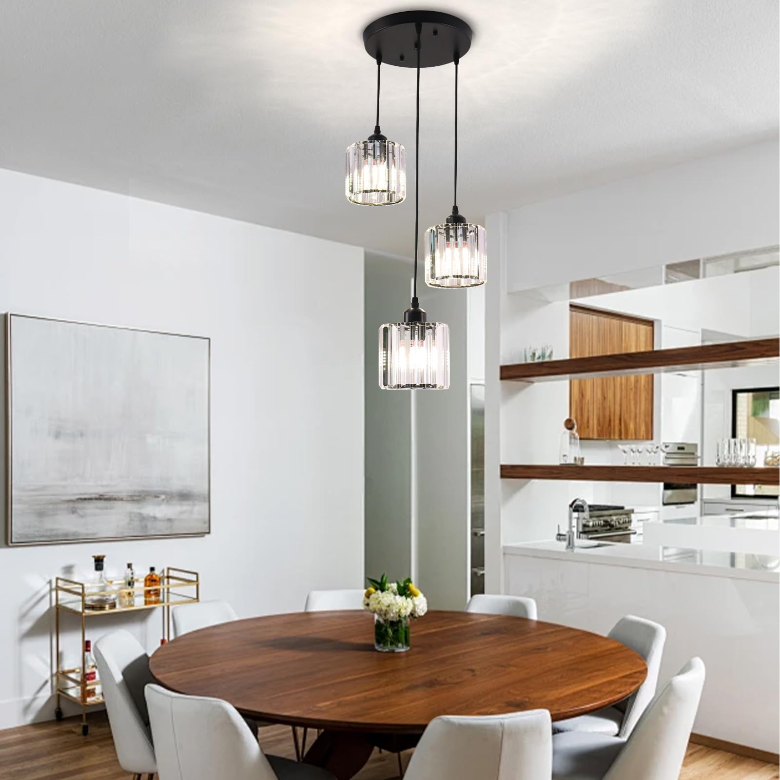 Lampade a sospensione a soffitto rotonde in vetro moderno, lampade a sospensione in vetro regolabile in altezza, lampade a aragno per pranzo, salotto nero (3 luci)