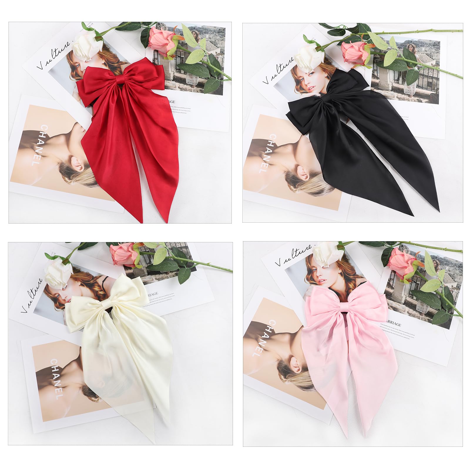 Amazon.com : 4Pcs Hair Bows, Silky Satin Hair Barrettes For Women,  Oversized Long-Tail Hair, Large Bow Metal Spring Clip Temperament Beautiful  Hair Accessories For Women GirlWine Red, Black, Cream White, Pink :