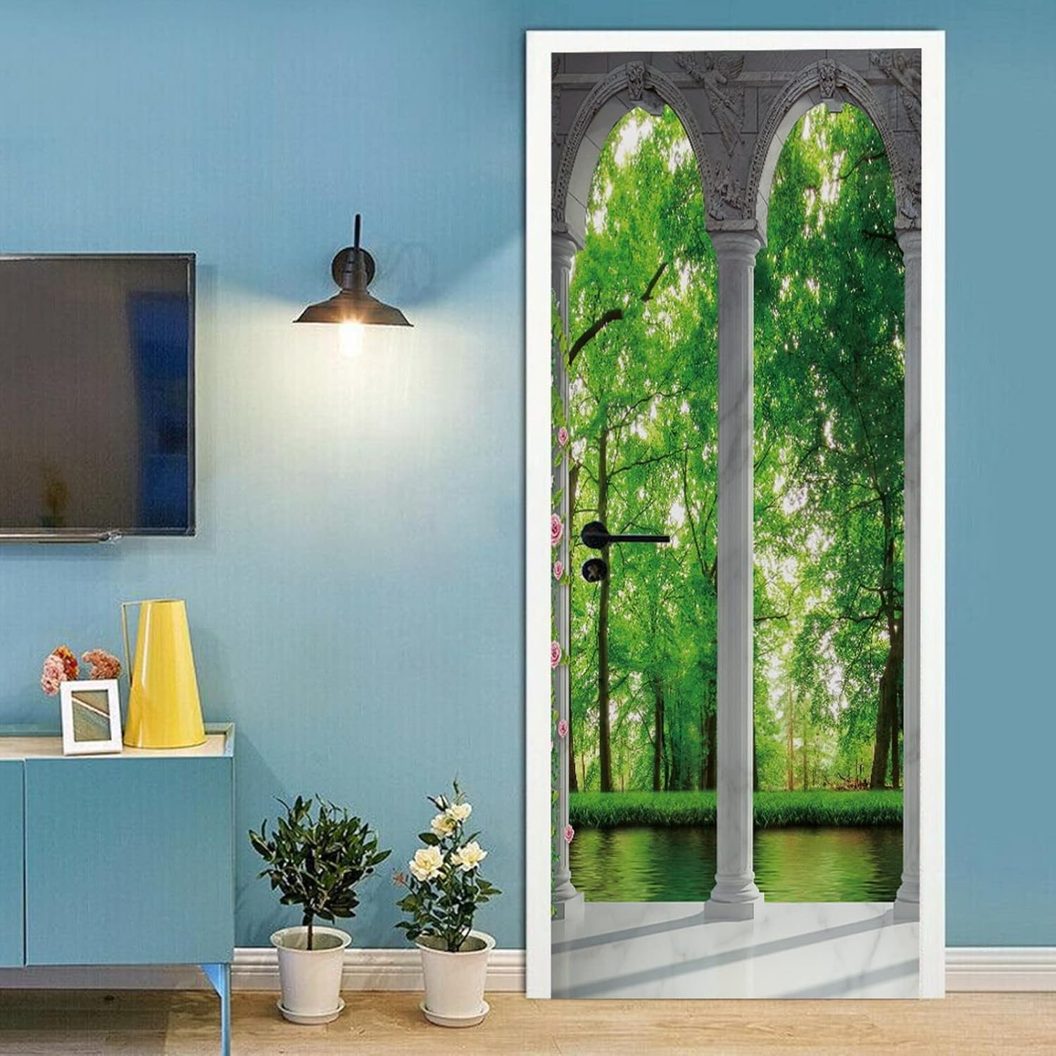 A.Monamour 3D Door Stickers for Interior Doors Terrace Arch with Green Trees Forest View Vinyl Removable Self Adhesive Door Poster Wallpaper Mural Decals for Bedroom Office Bathroom 77x200cm