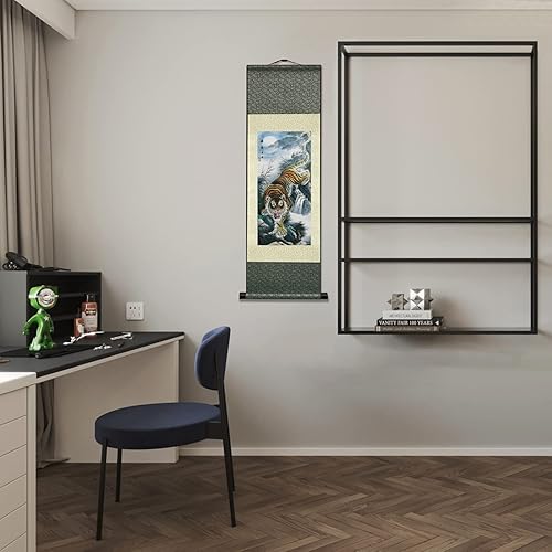 Miniatura 7 de AtfArt Decoración de pared asiática, hermoso pergamino de seda, diseño de animal  Rey Tigre disuasorio Tigre Poder  Tigre enojado decoración