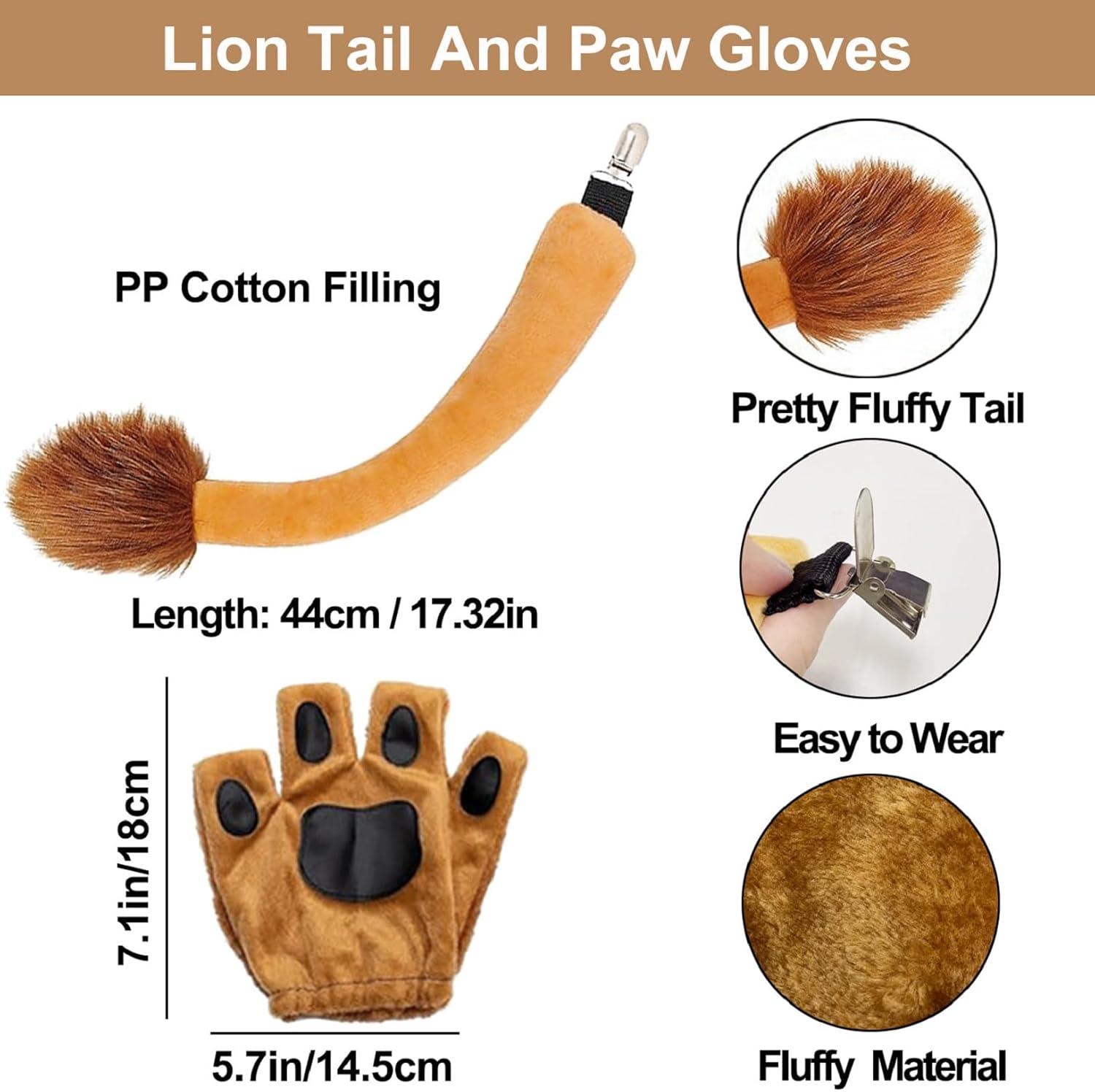 4PCS Lion Costume Accessories Set, Lion Ears Headband Tail Nose and Paw Gloves Accessories for Halloween Party Cosplay Dress Up - Image 4